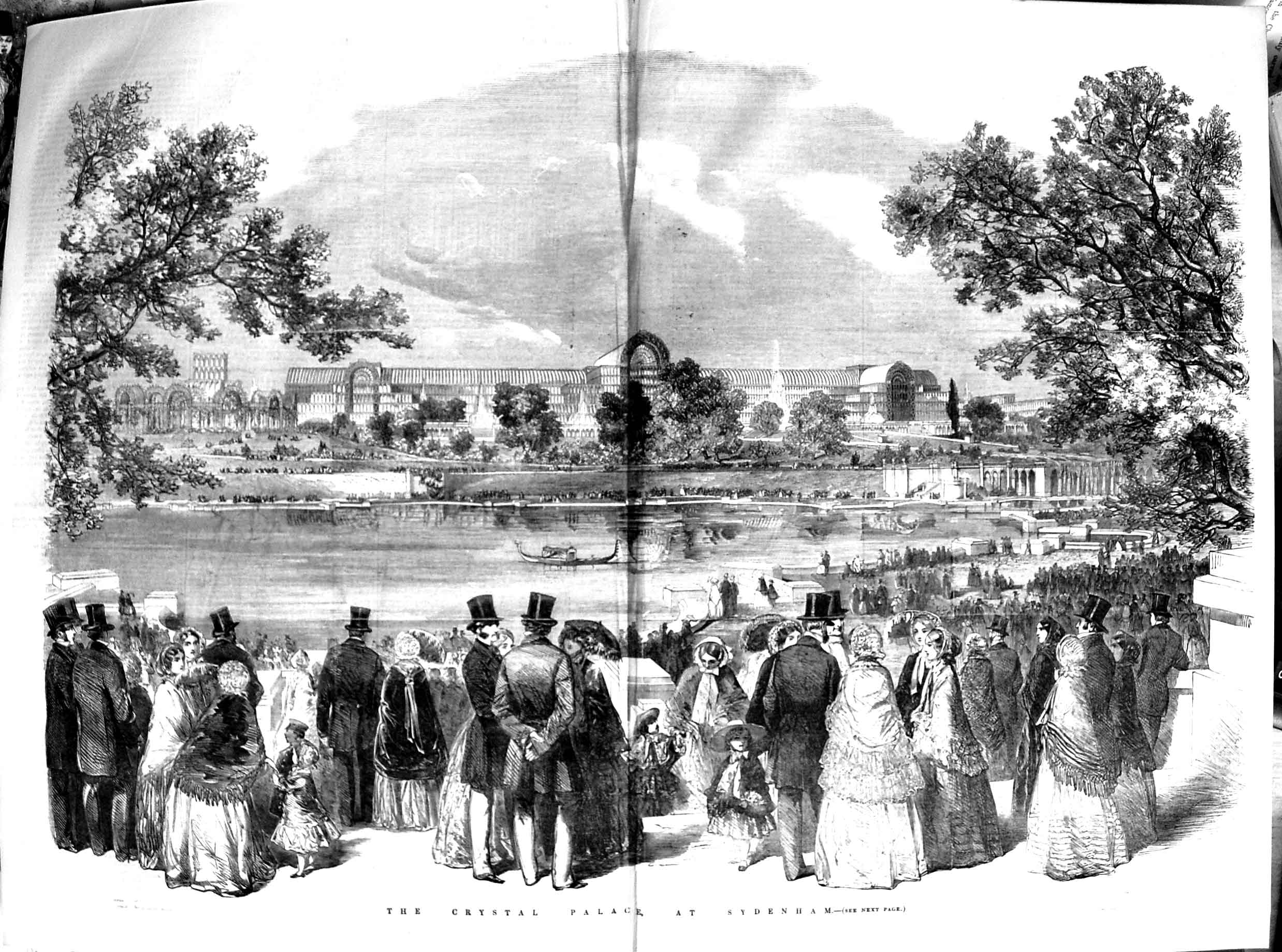 Original Old Antique Print 1854 Opening Crystal Palace Sydenham River Boats
