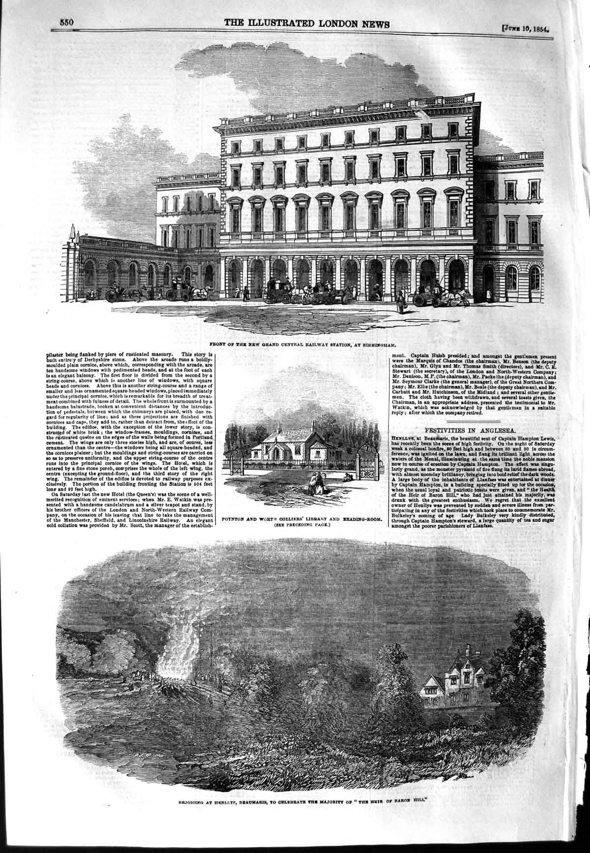Original Old Antique Print 1854 Railway Station Burmingham Henllys Beaumaris