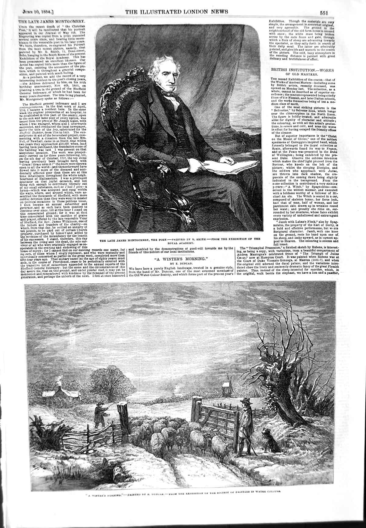 Original Old Antique Print 1854 James Montgomery Poet Scene Winter Sheep S 19th