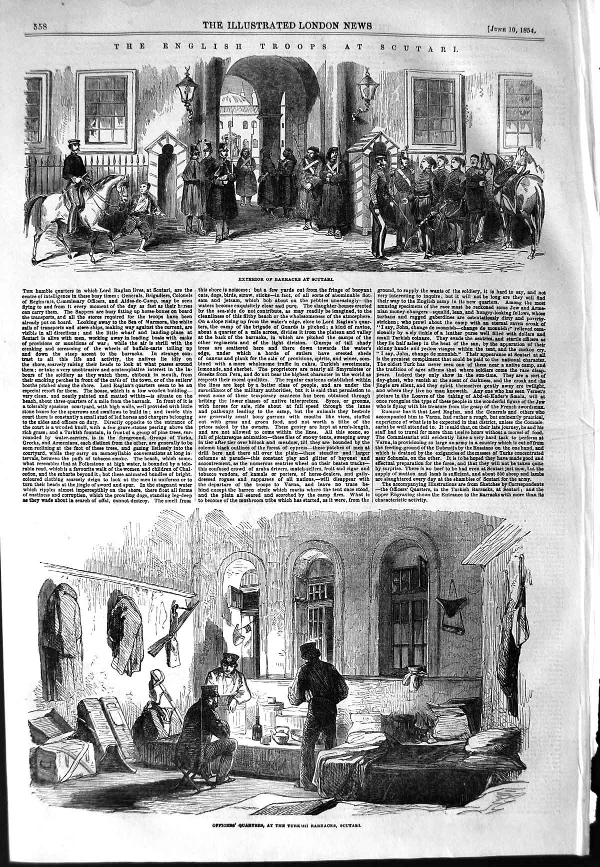 Original Old Antique Print 1854 English Siers Barracks Scutari Turkish Officers