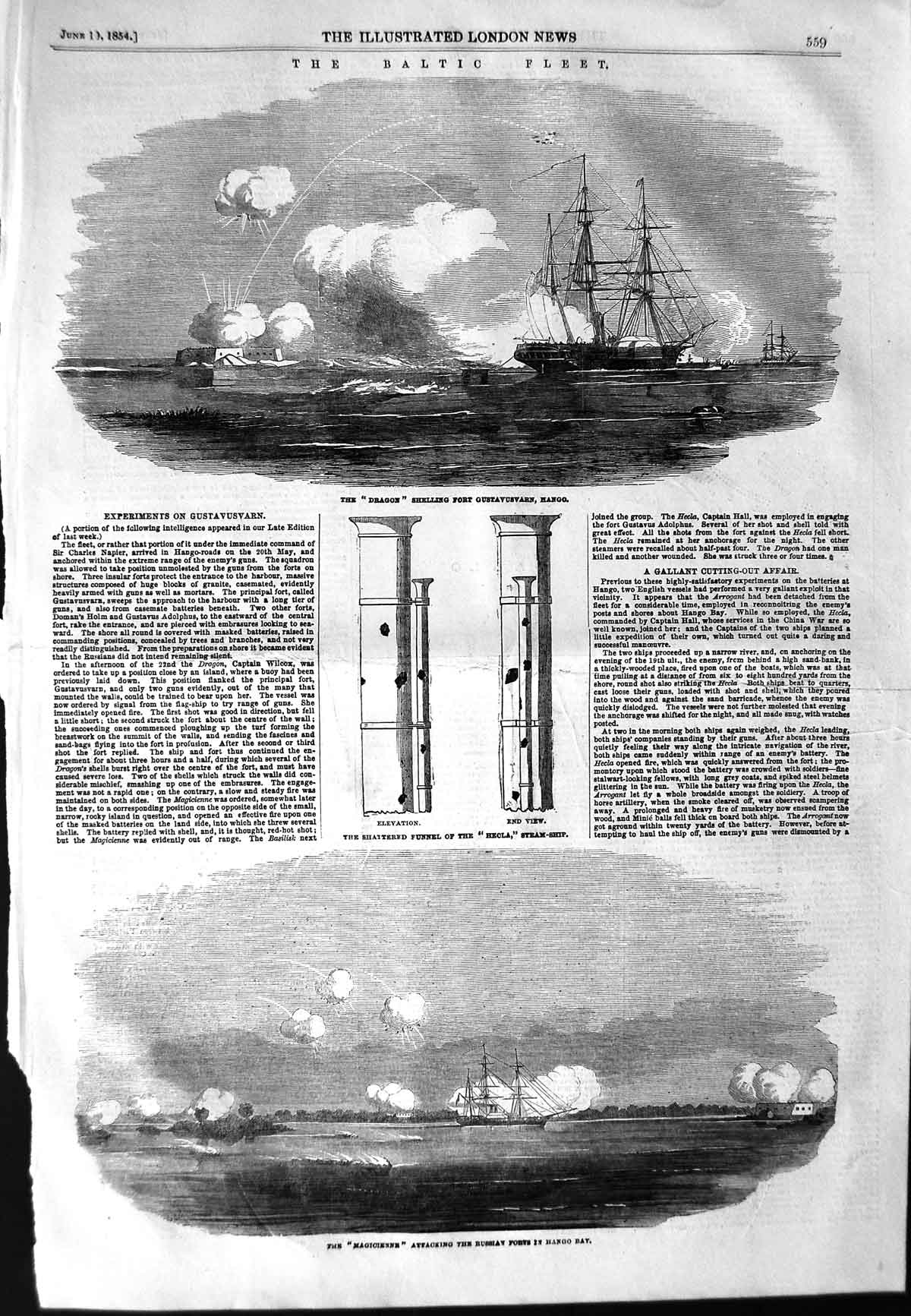 Original Old Antique Print 1854 Baltic Ships Dragon Magicienne Forts Hango Bay