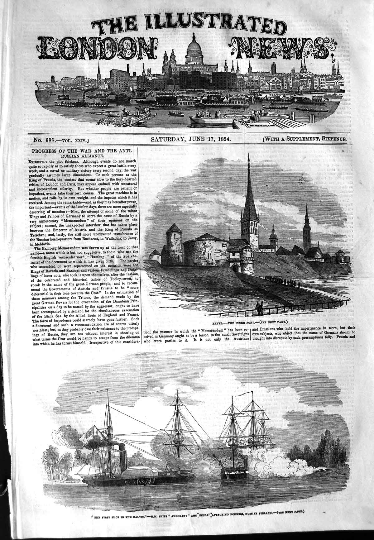 Old Antique Print 1854 Fort Revel Baltic War Ships Arrogant Hecla Eckness 19th