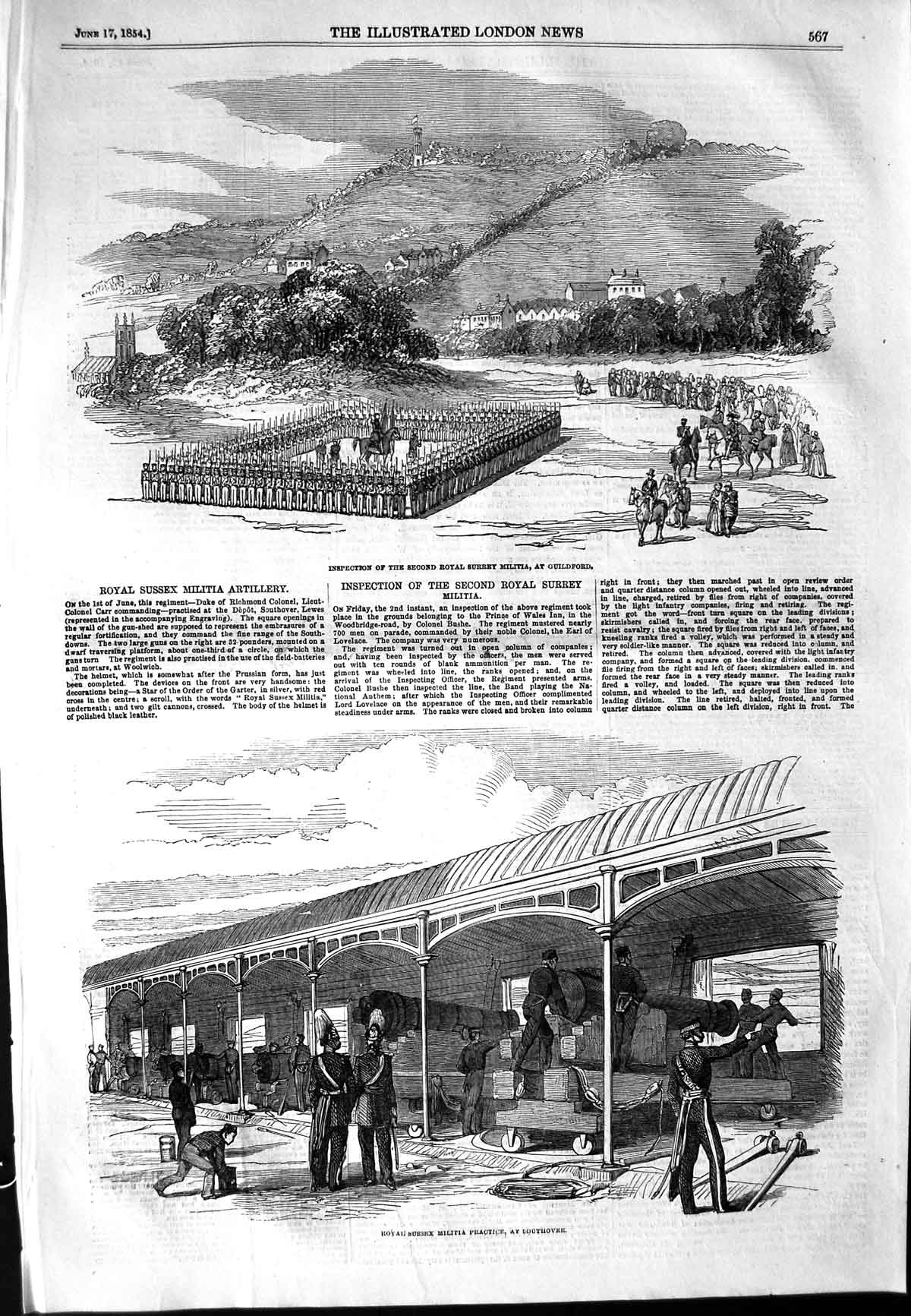 Original Old Antique Print 1854 Royal Surrey Militia Guildford Sussex Si 19th