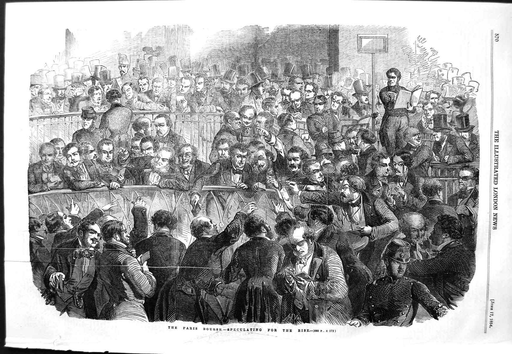 Original Old Antique Print 1854 Men Meeting Paris Bourse Specultating Rise 19th