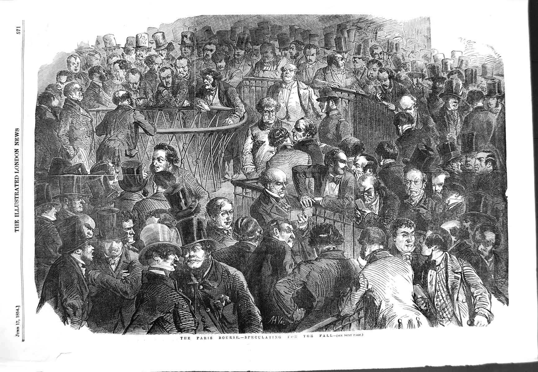 Original Old Antique Print 1854 Scene Paris Bourse France People Men Victorian