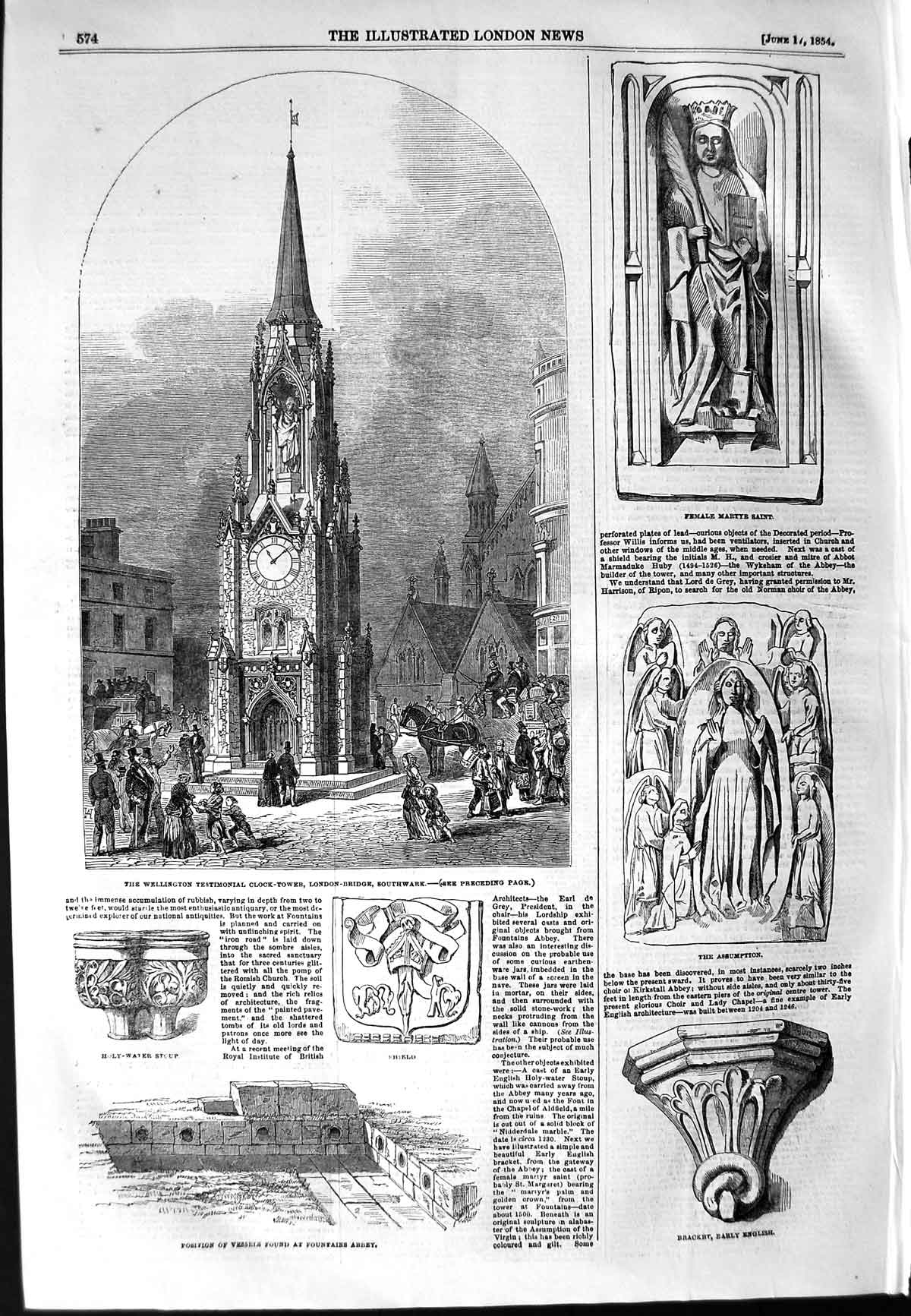 Original Old Antique Print 1854 Wellington Clock-Tower Southwark Architecture