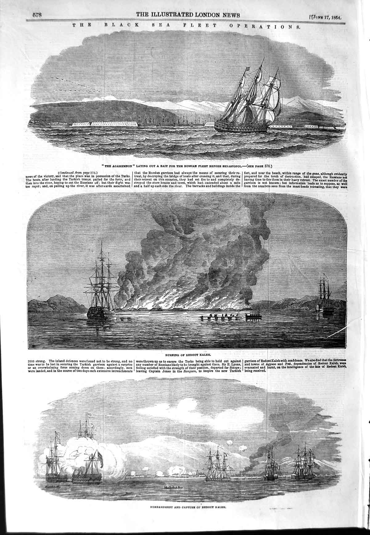 Old Antique Print 1854 Black Sea Fleet Ships Agamemnon Redout Kaleh War 19th