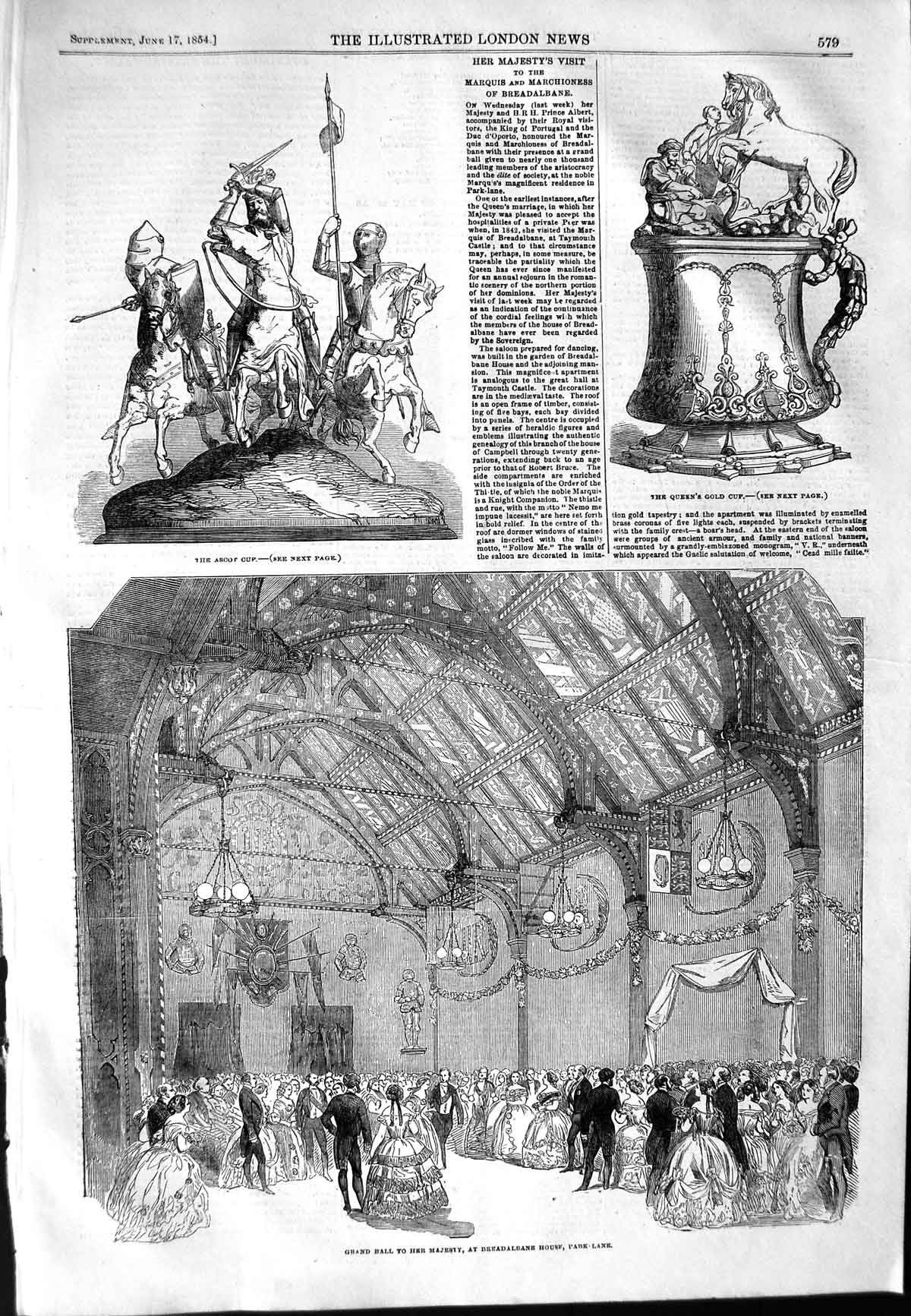 Old Antique Print 1854 Ball Queen Breadalbane House Park Lane Ascot Cup 19th