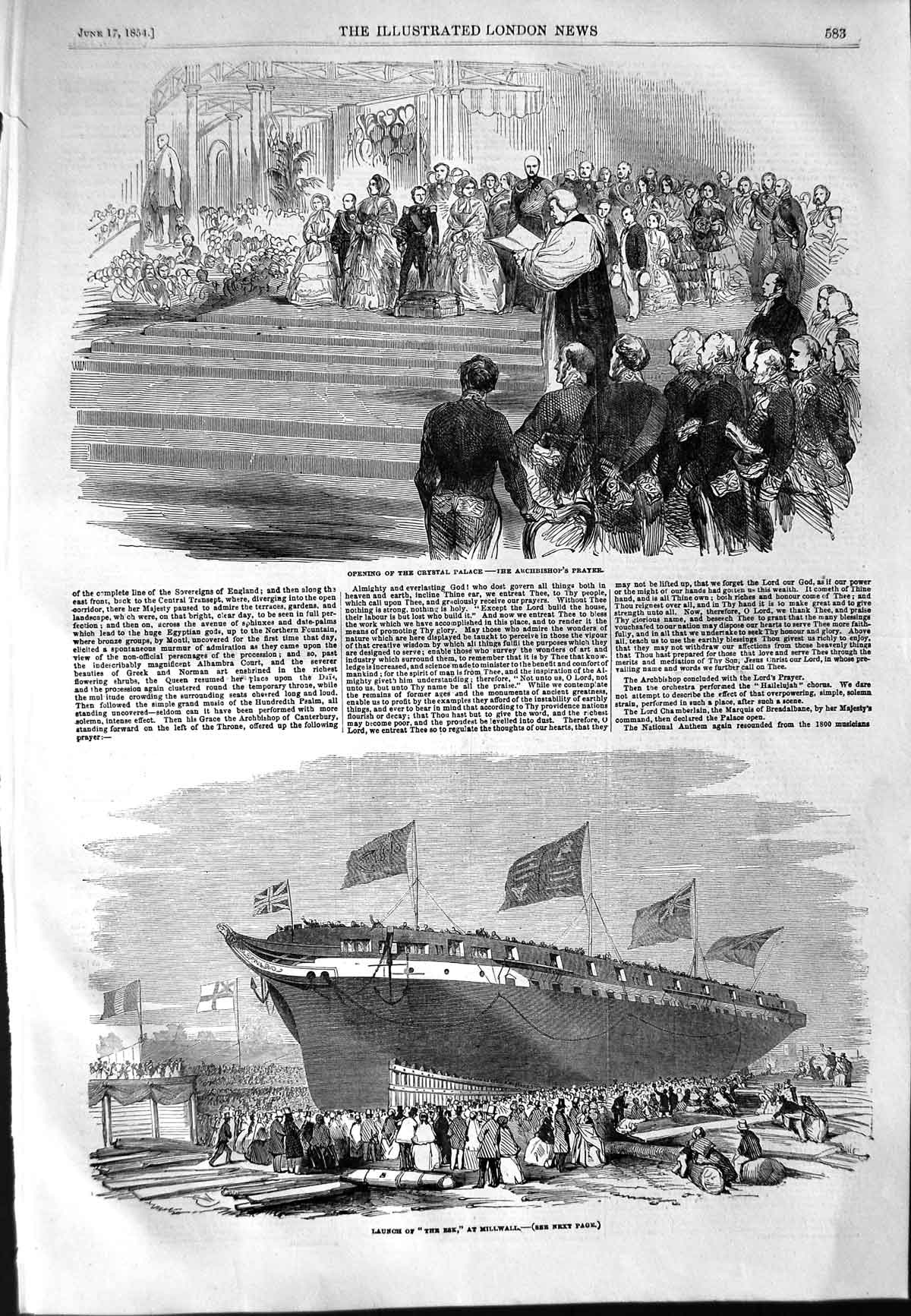 Old Antique Print 1854 Crystal Palace Archbishop Prayer Ship Esk Millwall 19th