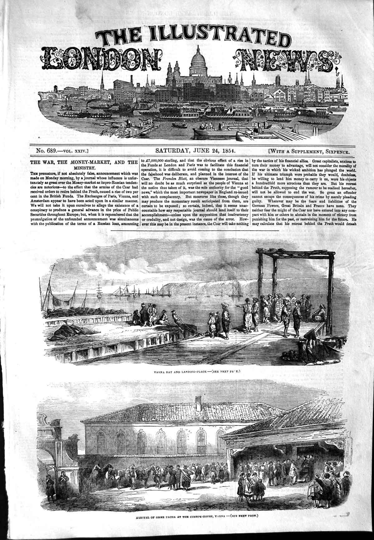 Original Old Antique Print 1854 Varna Bay Ships Landing Omer Pacha Custom-House