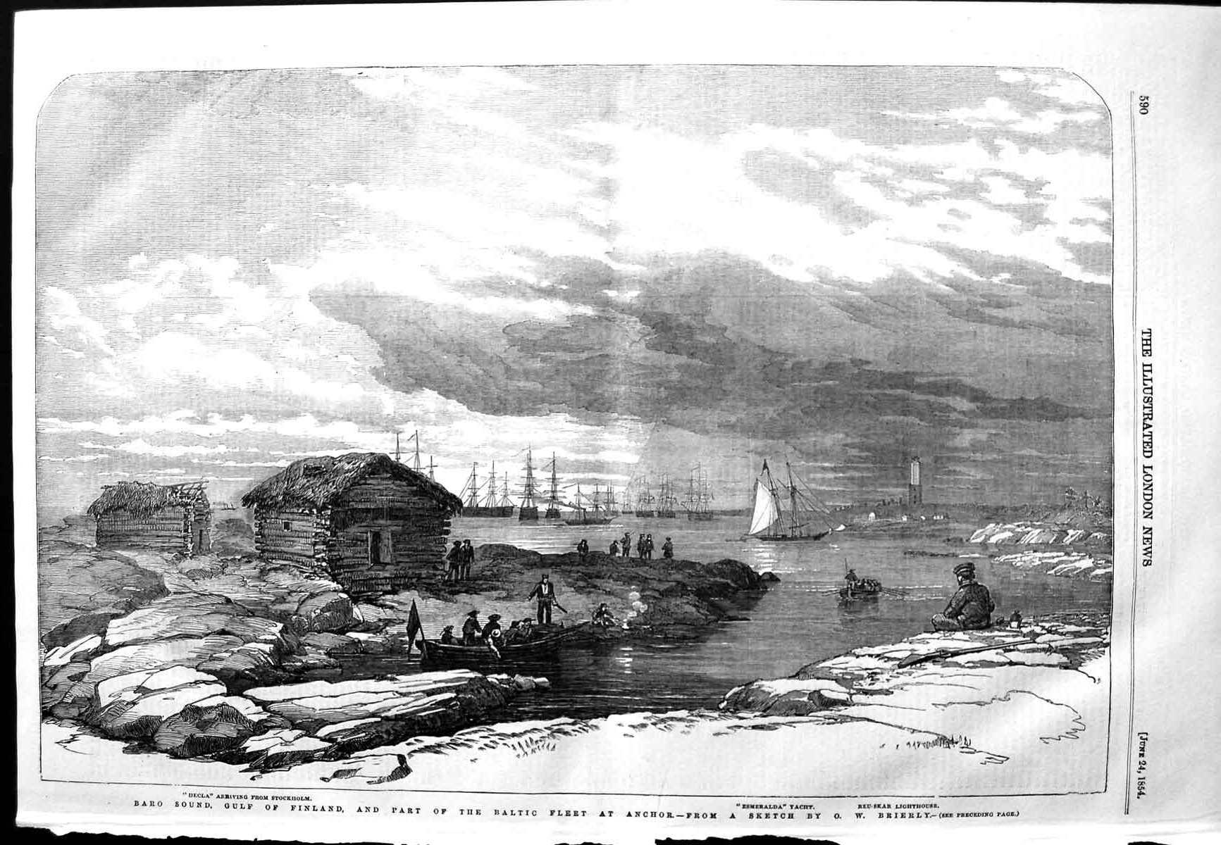 Original Old Antique Print 1854 Baro Sound Gulf Finland Ships Esmeralda Hecla