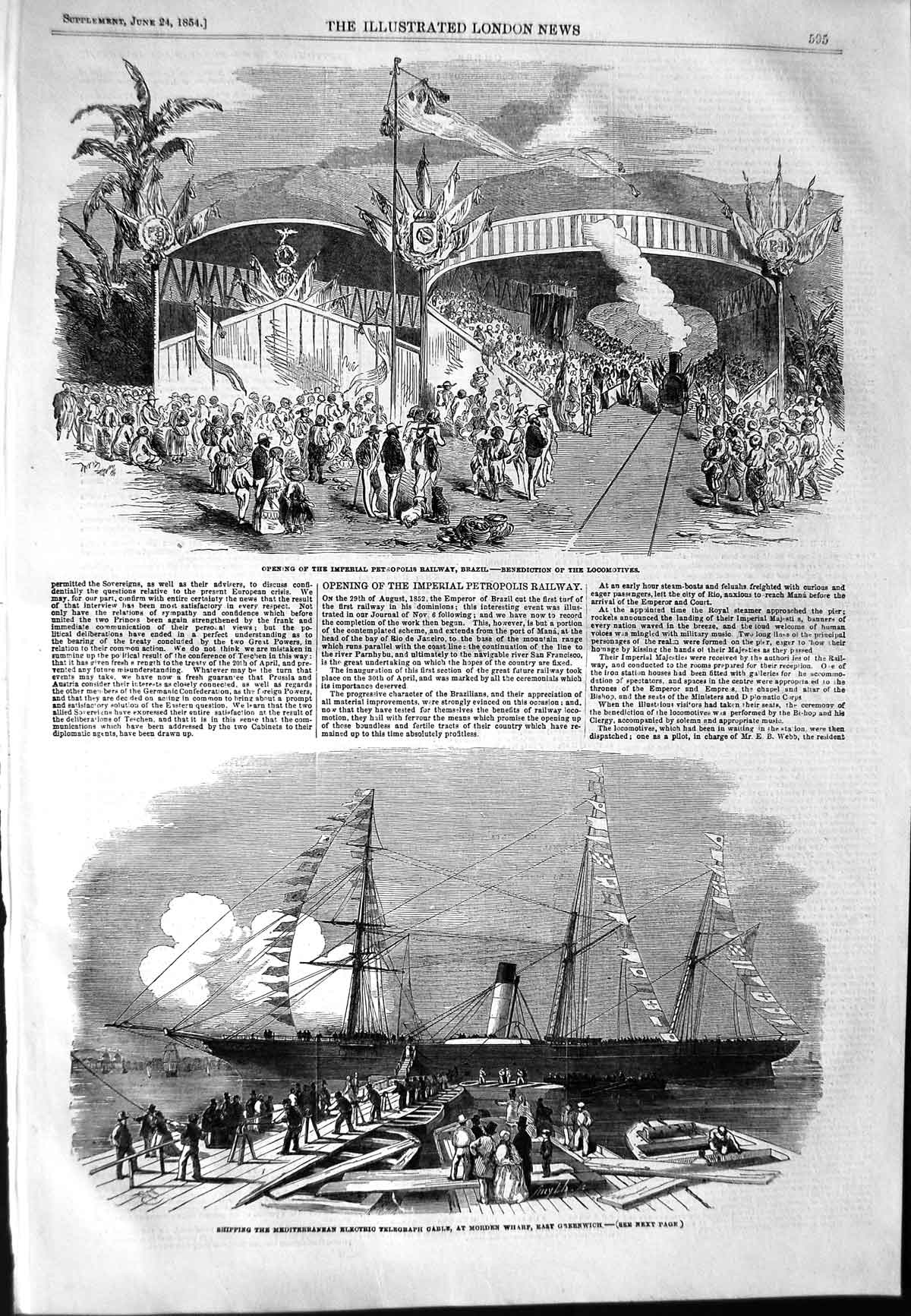 Original Old Antique Print 1854 Electric Cable Greenwich Ships Brazil Railway