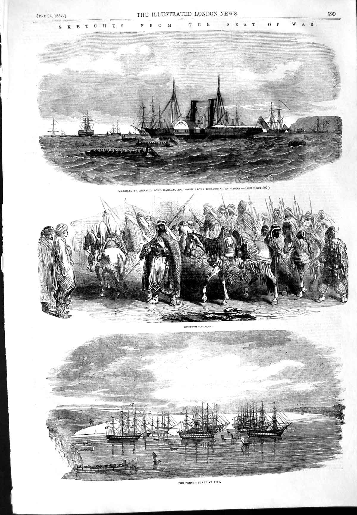 Original Old Antique Print 1854 War Marshal Arnaud Lord Raglan Varna Ships Kiel