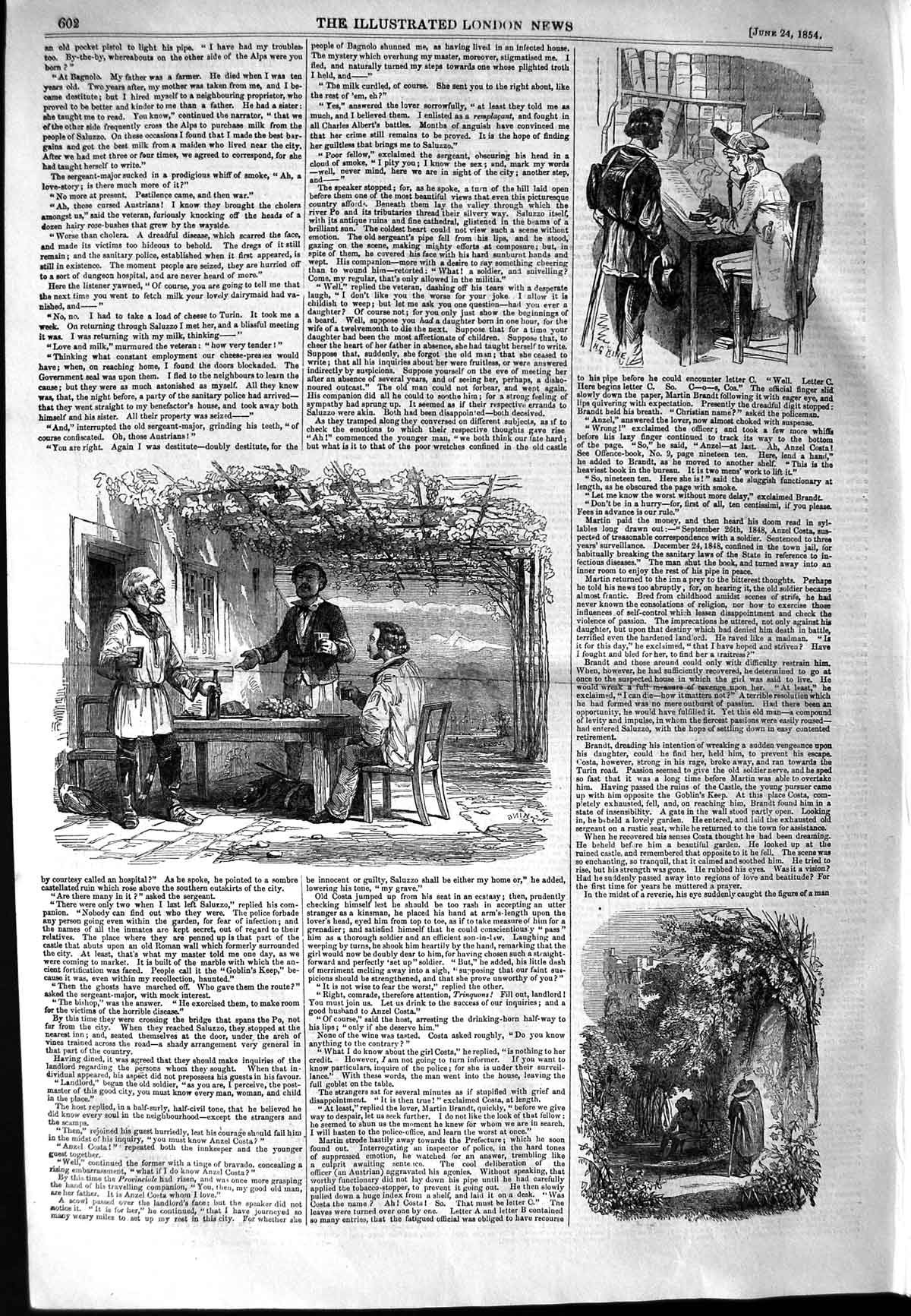 Original Old Antique Print 1854 Garden Scenes Men Table Prisoner Siers 19th