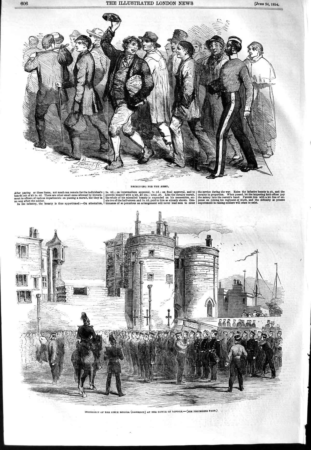 Original Old Antique Print 1854 Essex Garrison Tower London Army Recruits War