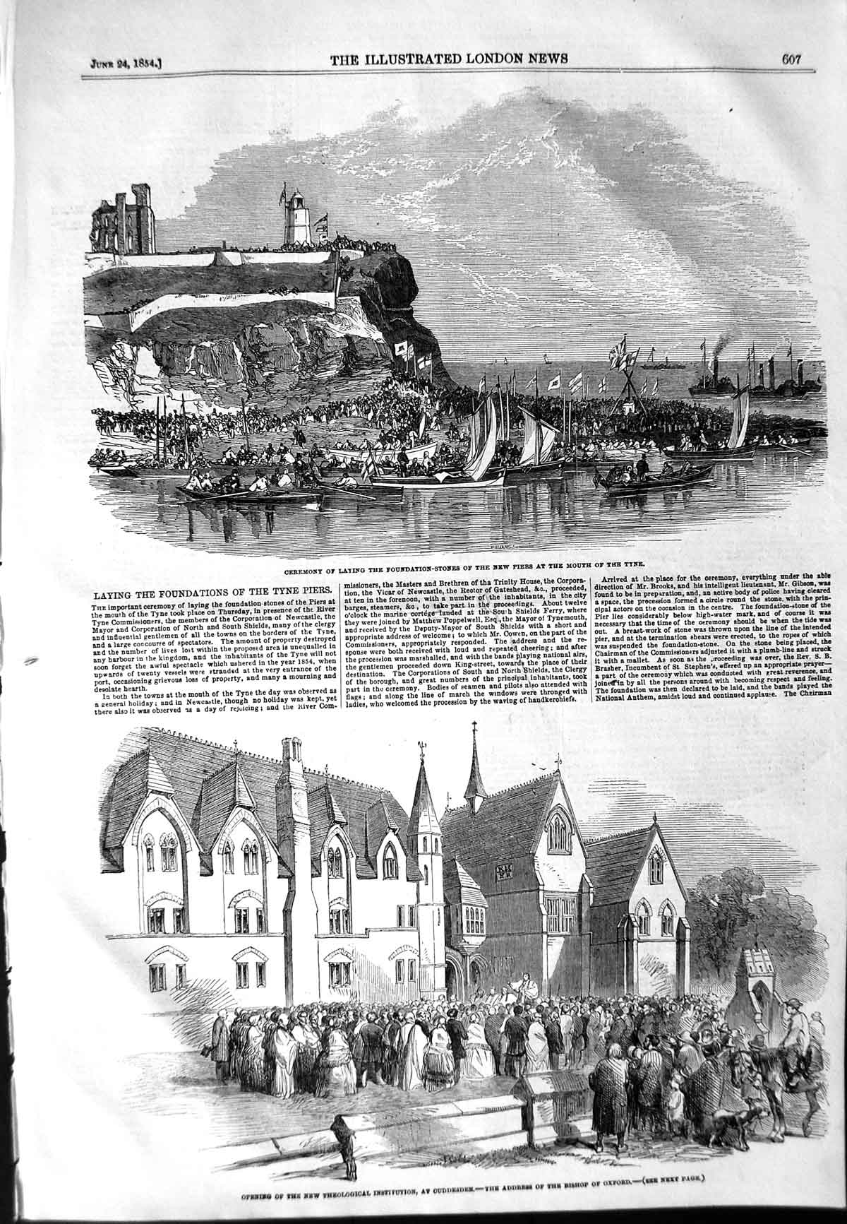 Old Antique Print 1854 Foundation Stone Pier Tyne Cuddesden Bishop Oxford 19th