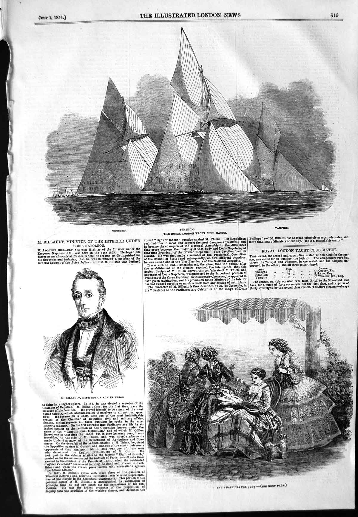 Original Old Antique Print 1854 Phantom Thought Vamprie London Yachts Billault