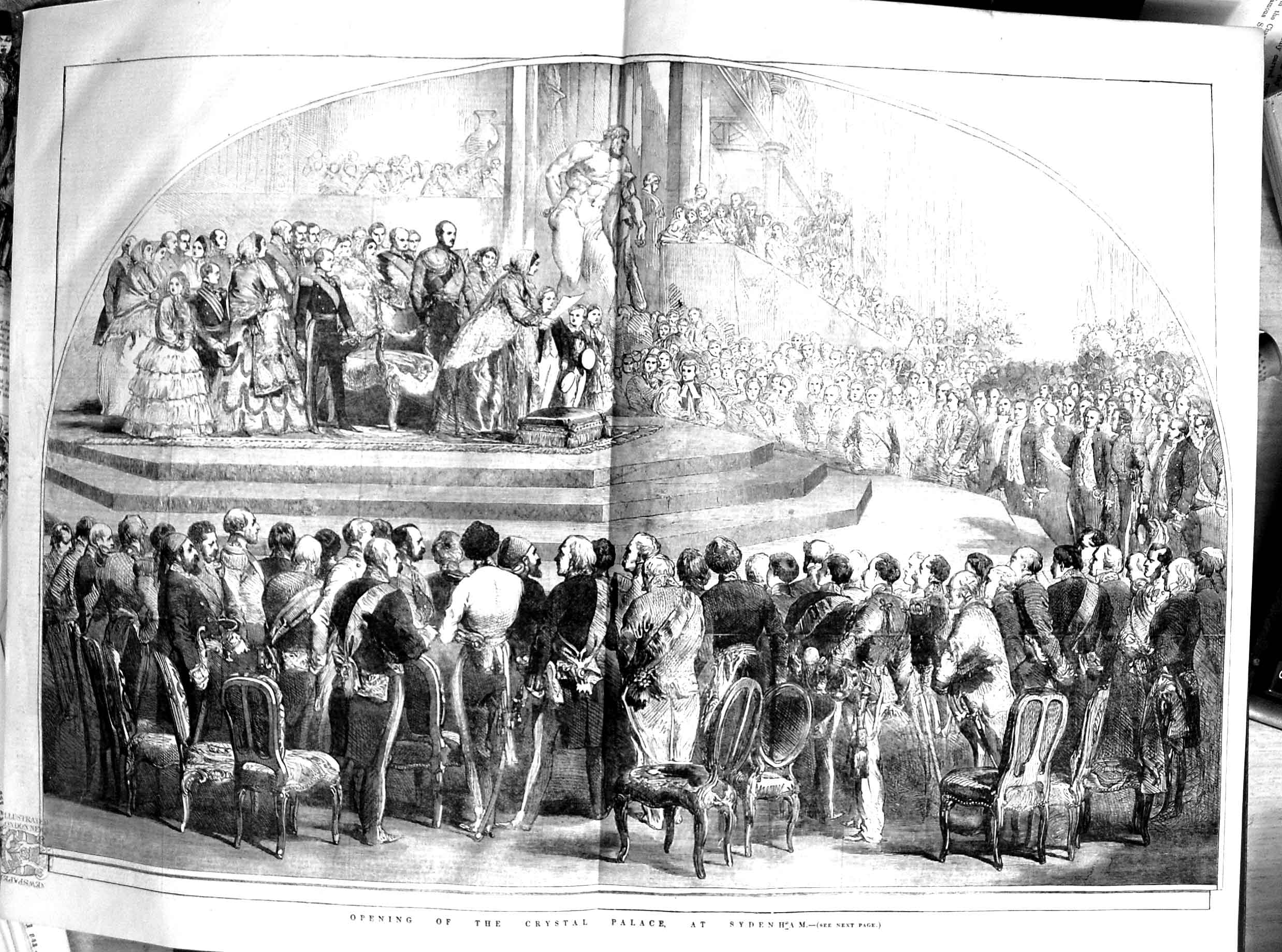 Original Old Antique Print 1854 Queen Opening Crystal Palace Sydenham 19th