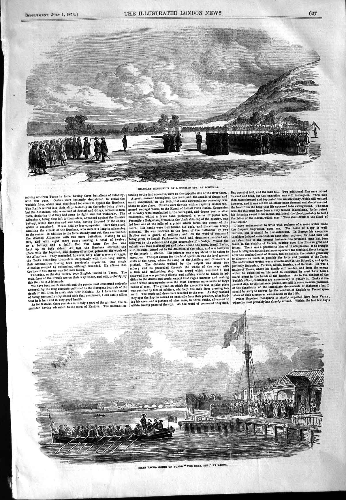 Old Antique Print 1854 Omer Pacha Boat Chek Pee Varna Execution Spy War 19th