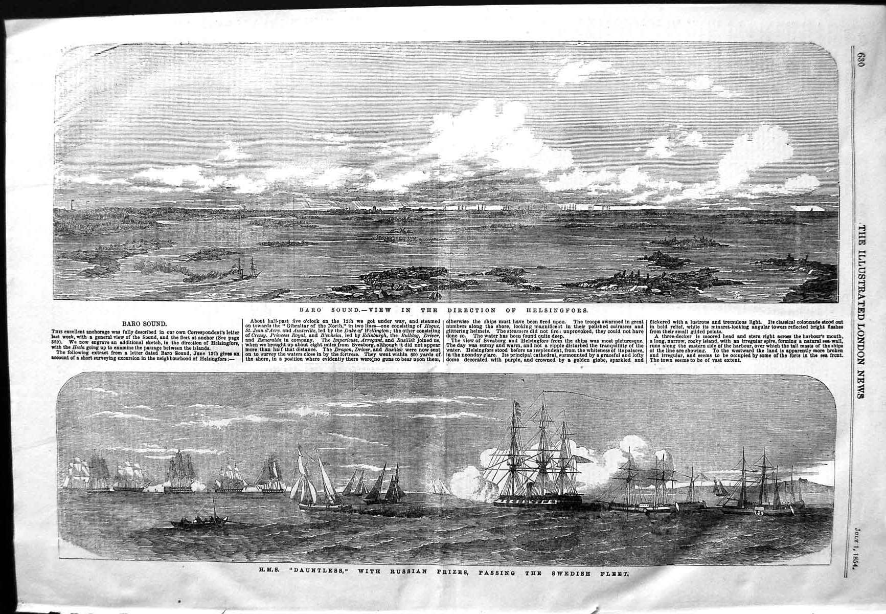 Old Antique Print 1854 View Baro Sound Ship Dauntless Swedish Helsingfors 19th