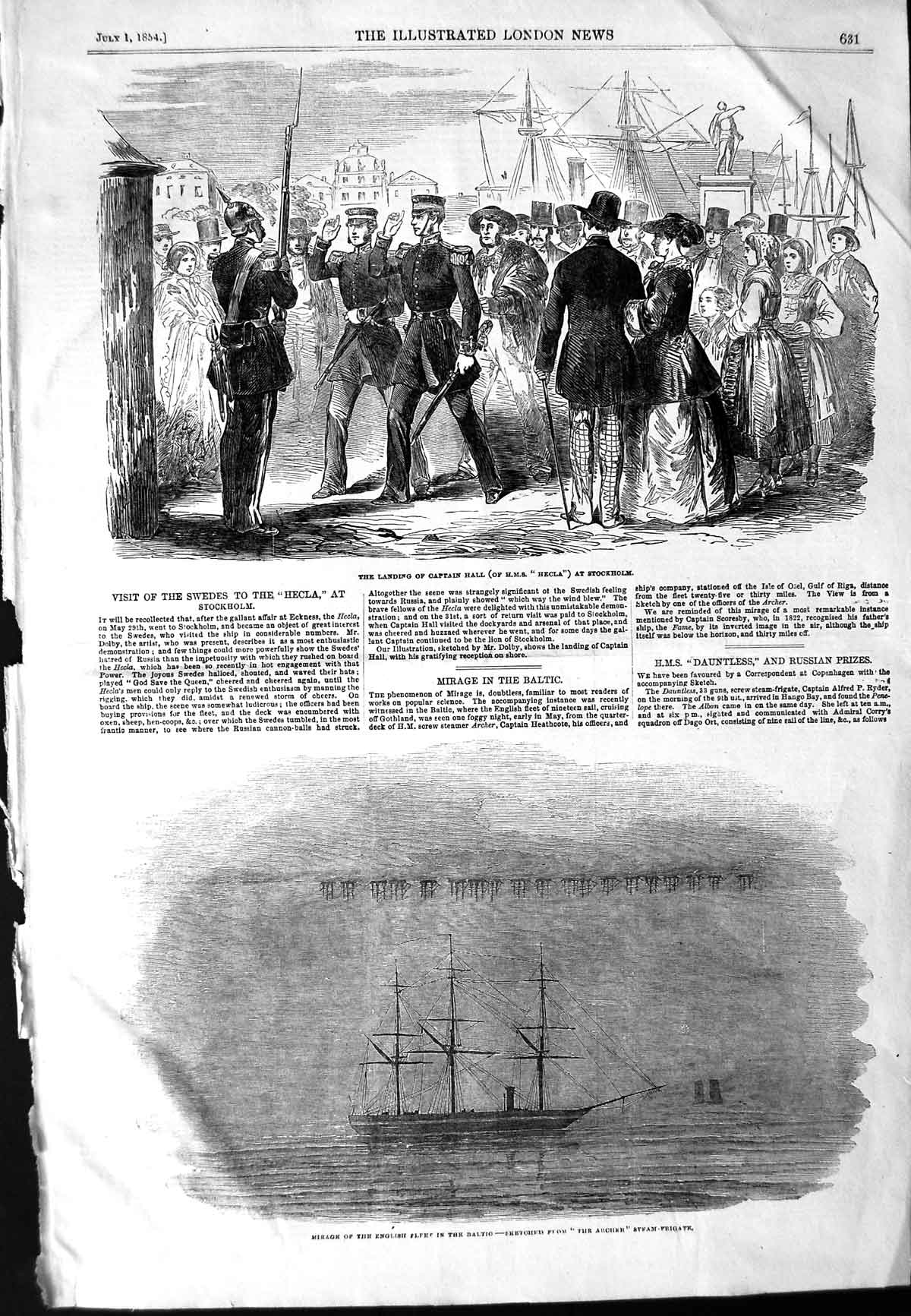 Old Antique Print 1854 Captain Hill Ship Hecla English Baltic Fleet War 19th
