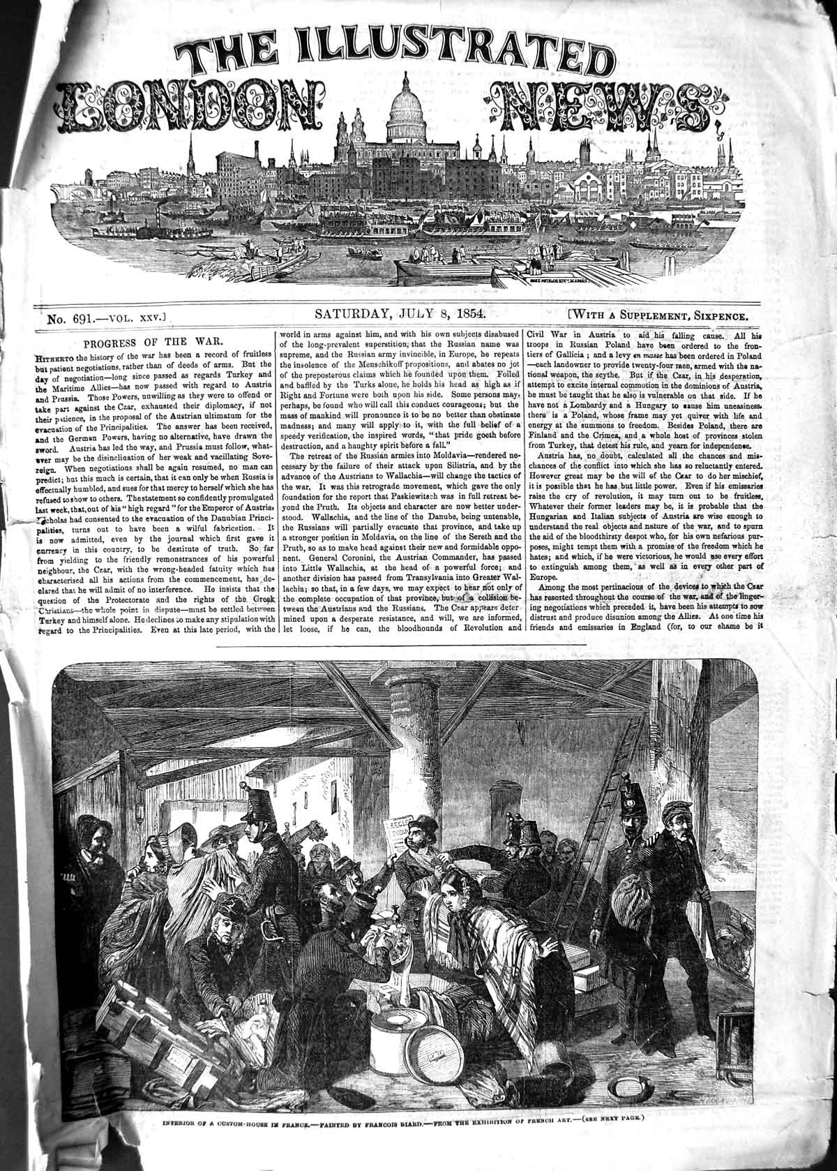 Original Old Antique Print 1854 Interior Custom House France Francois Biard Art