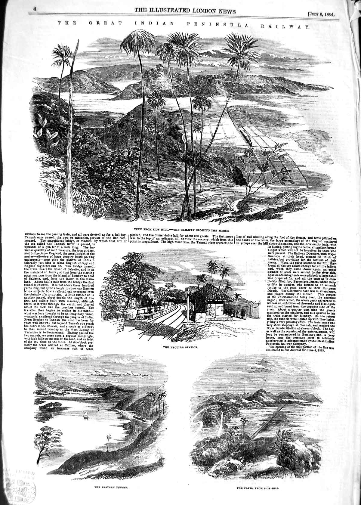 Old Antique Print 1854 Sion Hill Railwau Indian Railway Byculla Station 19th