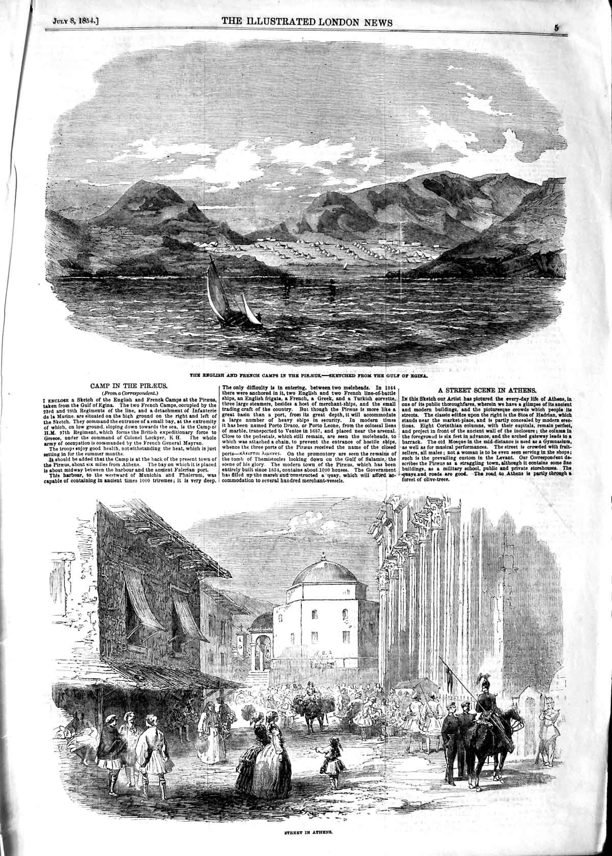 Original Old Antique Print 1854 English French Camp Piraeus Gulf Regina Athens