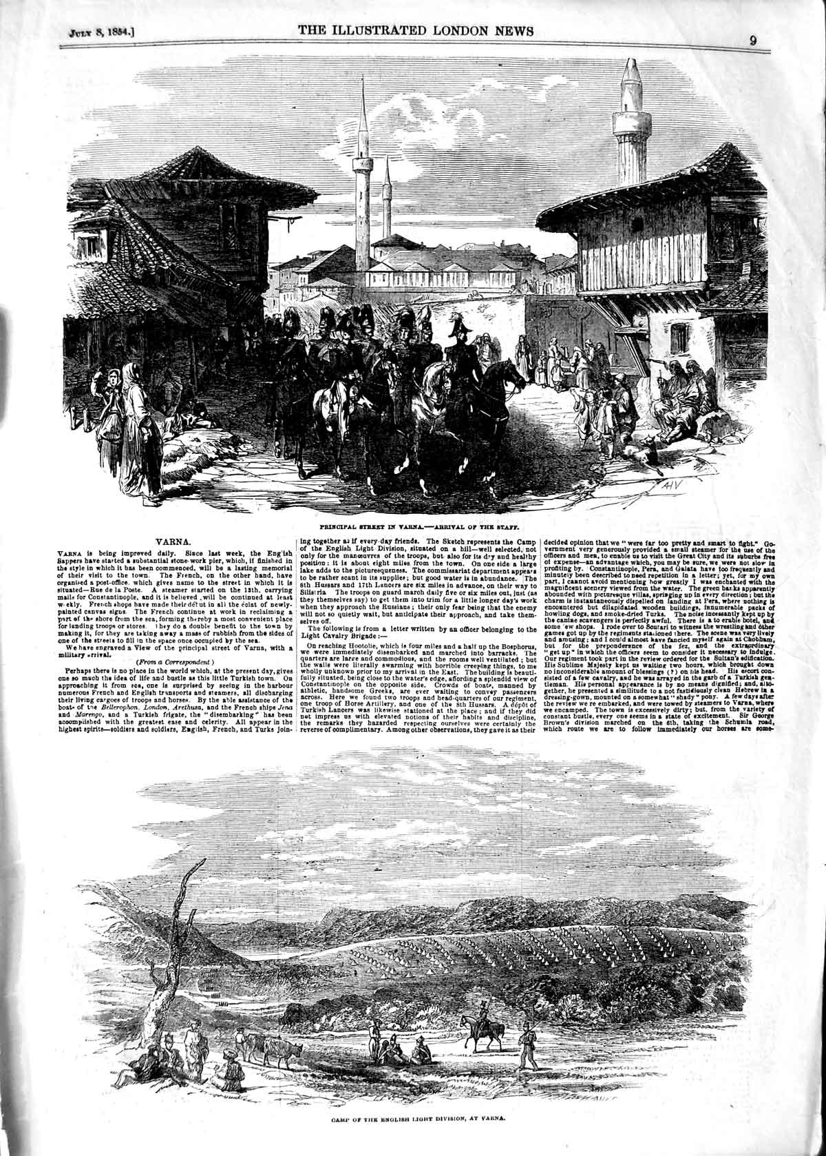 Old Antique Print 1854 Street Scene Varna Camp English Light Division War 19th