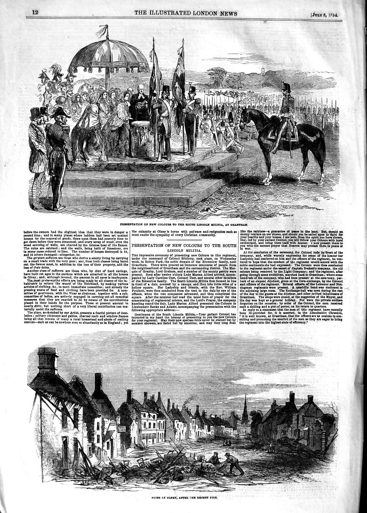 Original Old Antique Print 1854 Lincoln Militia Grantham Ruins Buildings Olney