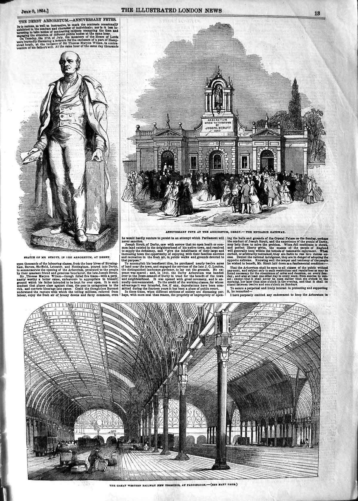 Original Old Antique Print 1854 Statue Strutt Arboretum Derby Railway Pad 19th
