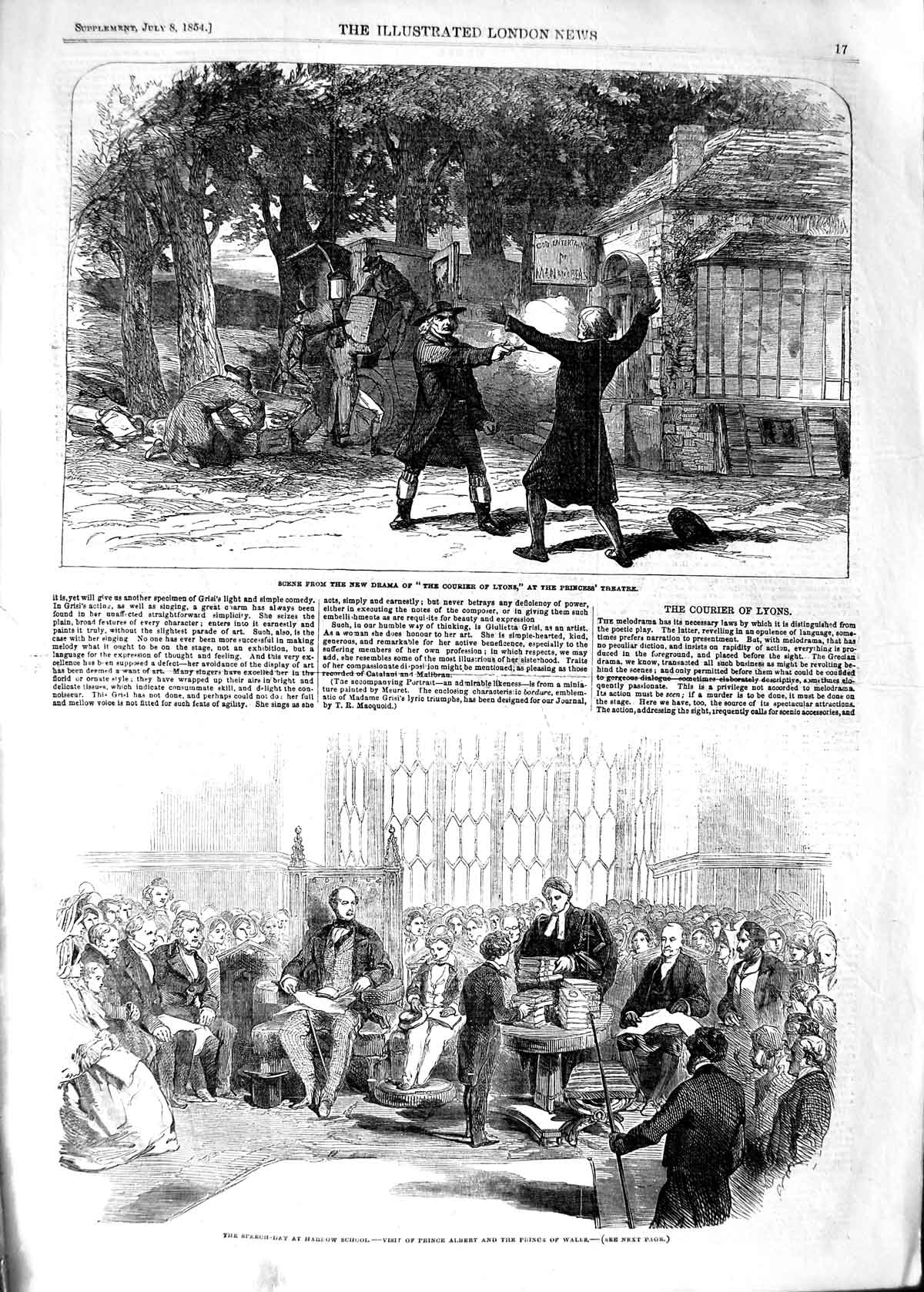 Old Antique Print 1854 Courier Lyons Theatre Harrow School Prince Albert 19th