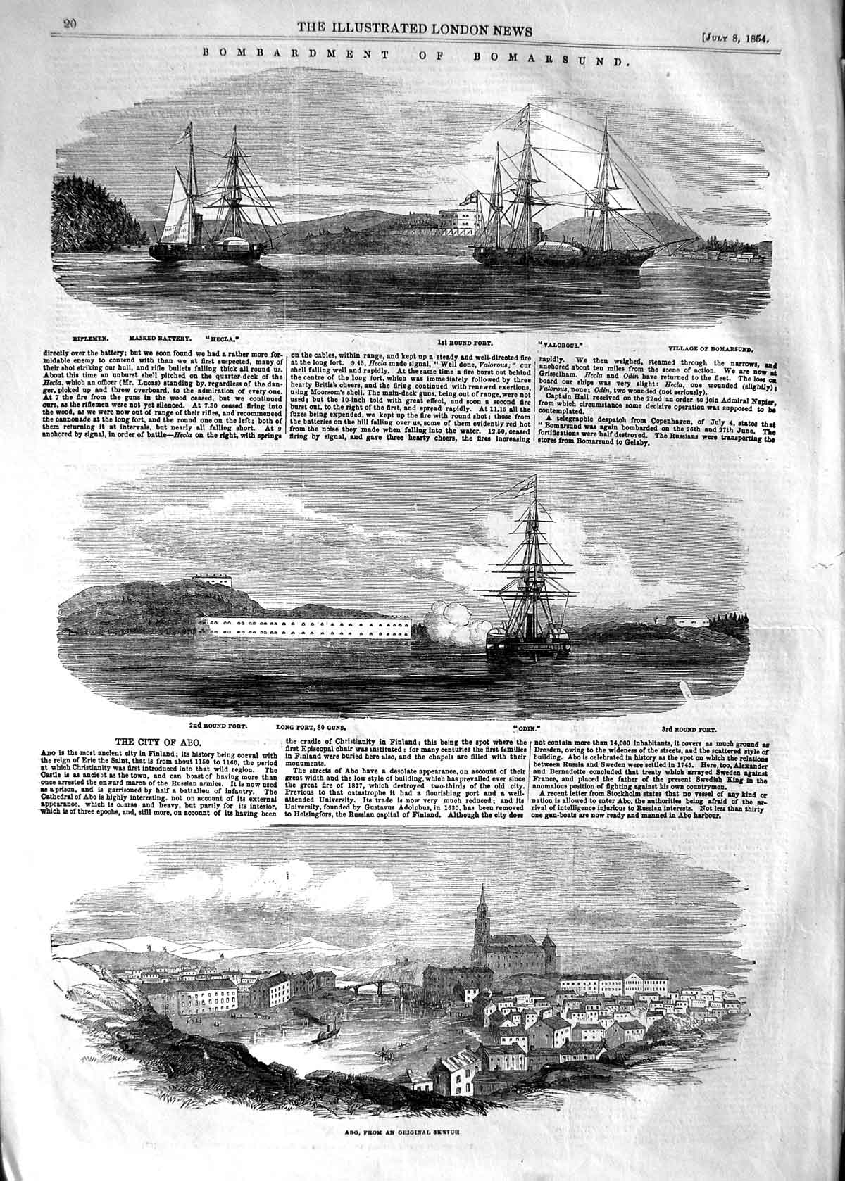Old Antique Print 1854 Bomarsund Ships Hecla Fort Abo Odin Valorous War 19th