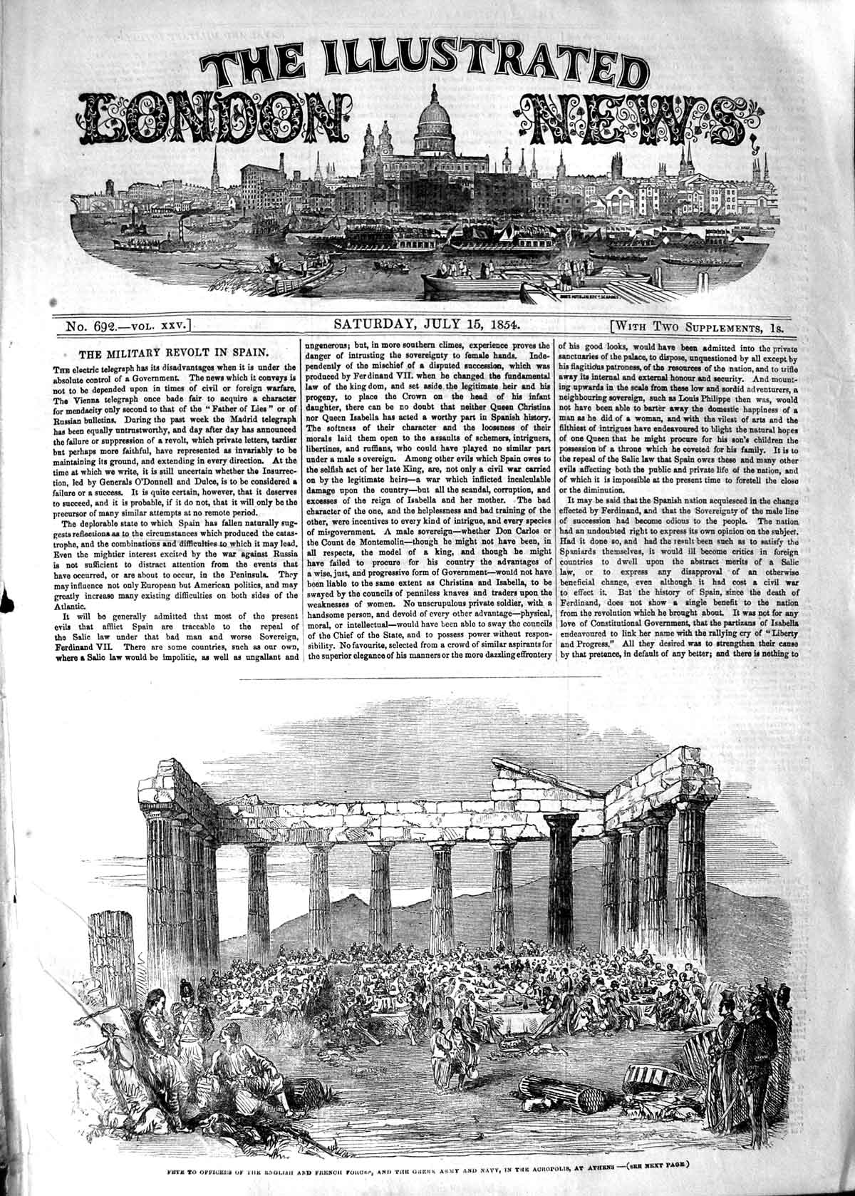 Old Antique Print 1854 Fete Officers English French Army Acropolis Athens 19th