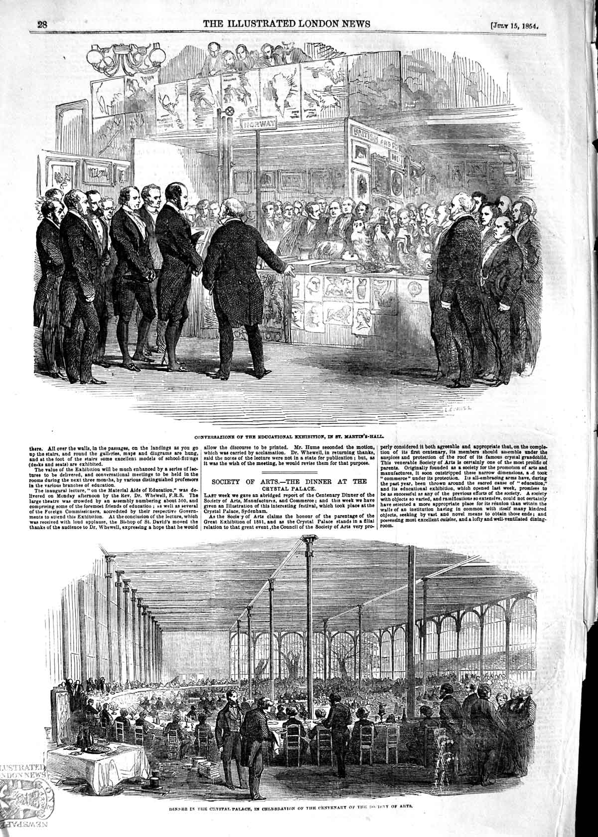 Old Antique Print 1854 Educational Exhibition Martin Hall Crystal Palace 19th