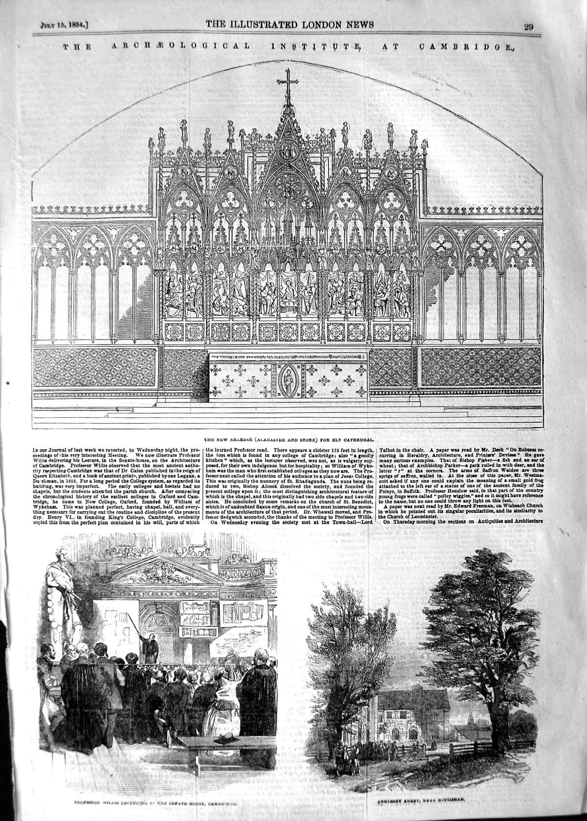 Original Old Antique Print 1854 Reredos Ely Cathedral Professor Willis Abbey