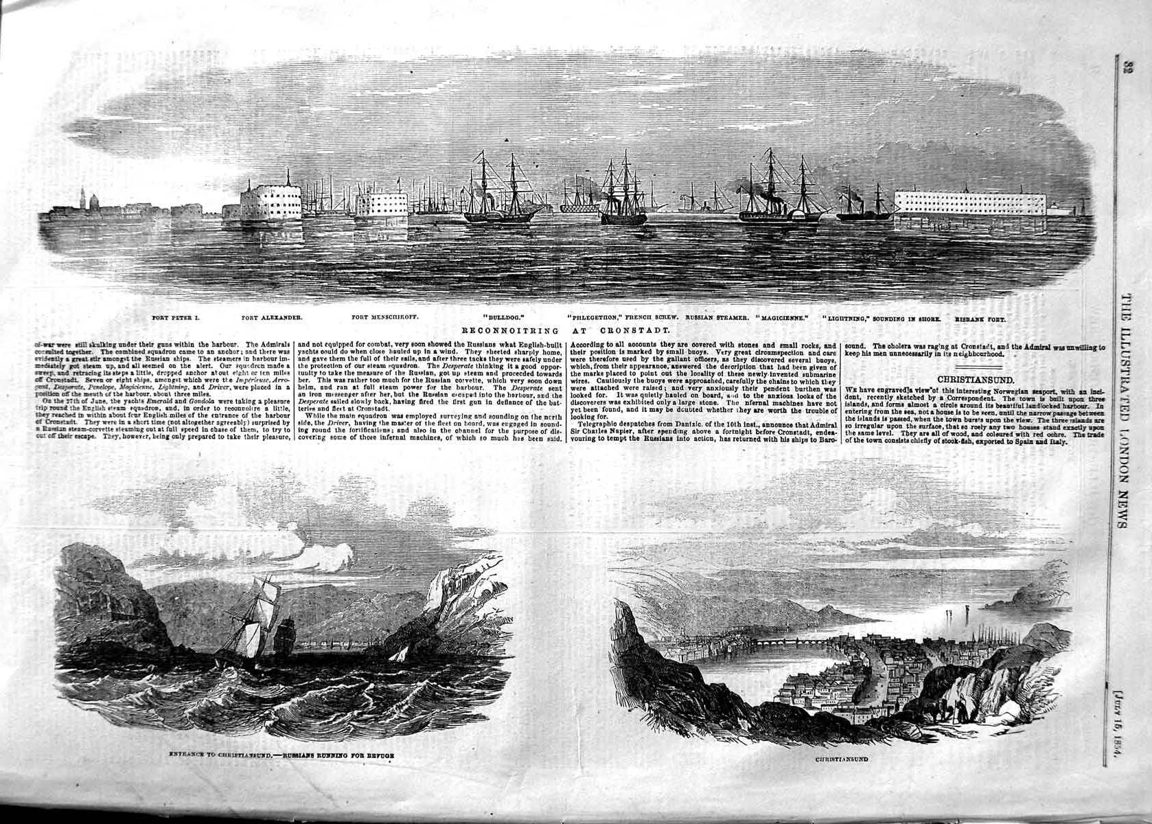 Original Old Antique Print 1854 Cronstadt Ships Fort Bulldog Ship Christiansund