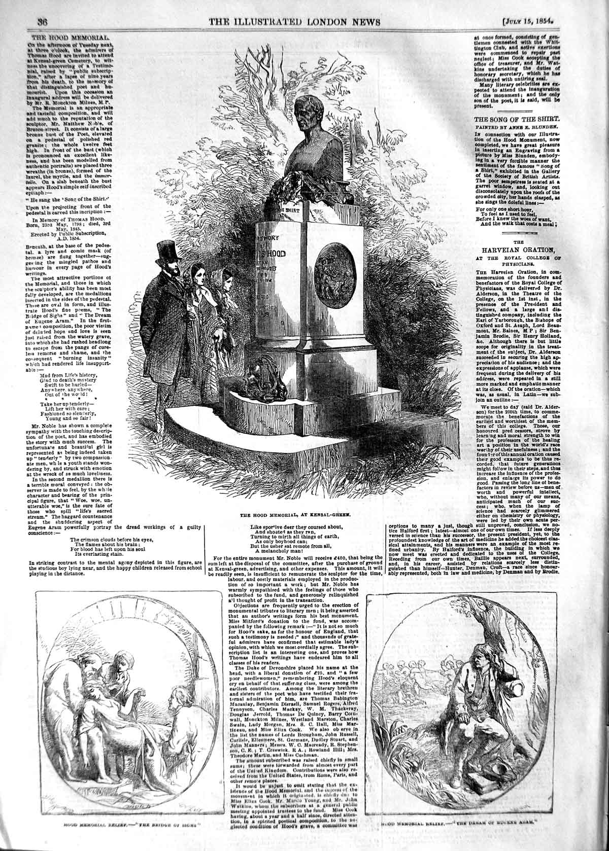 Original Old Antique Print 1854 Hood Memorial Kensal Green Bridge Sighs Eugene