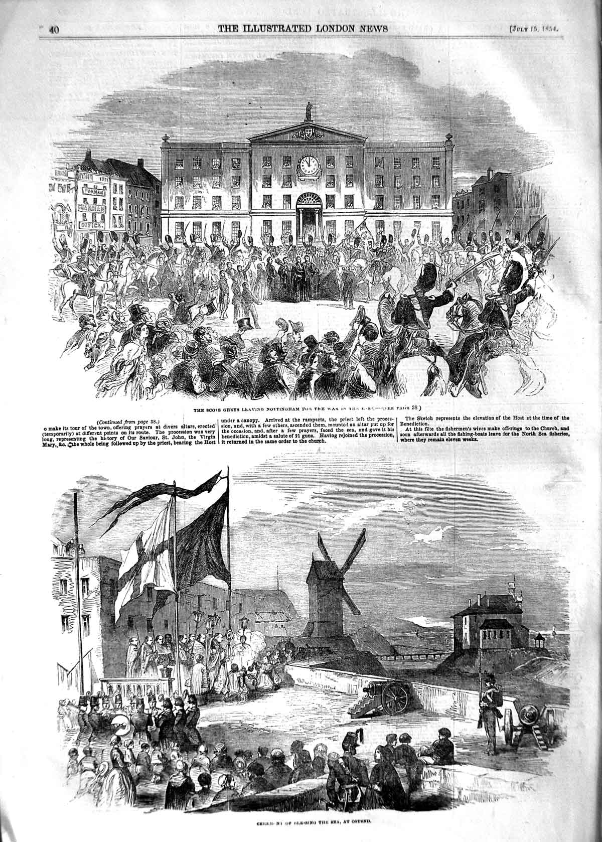 Original Old Antique Print 1854 Scots Greys Nottingham War Blessing Sea 19th