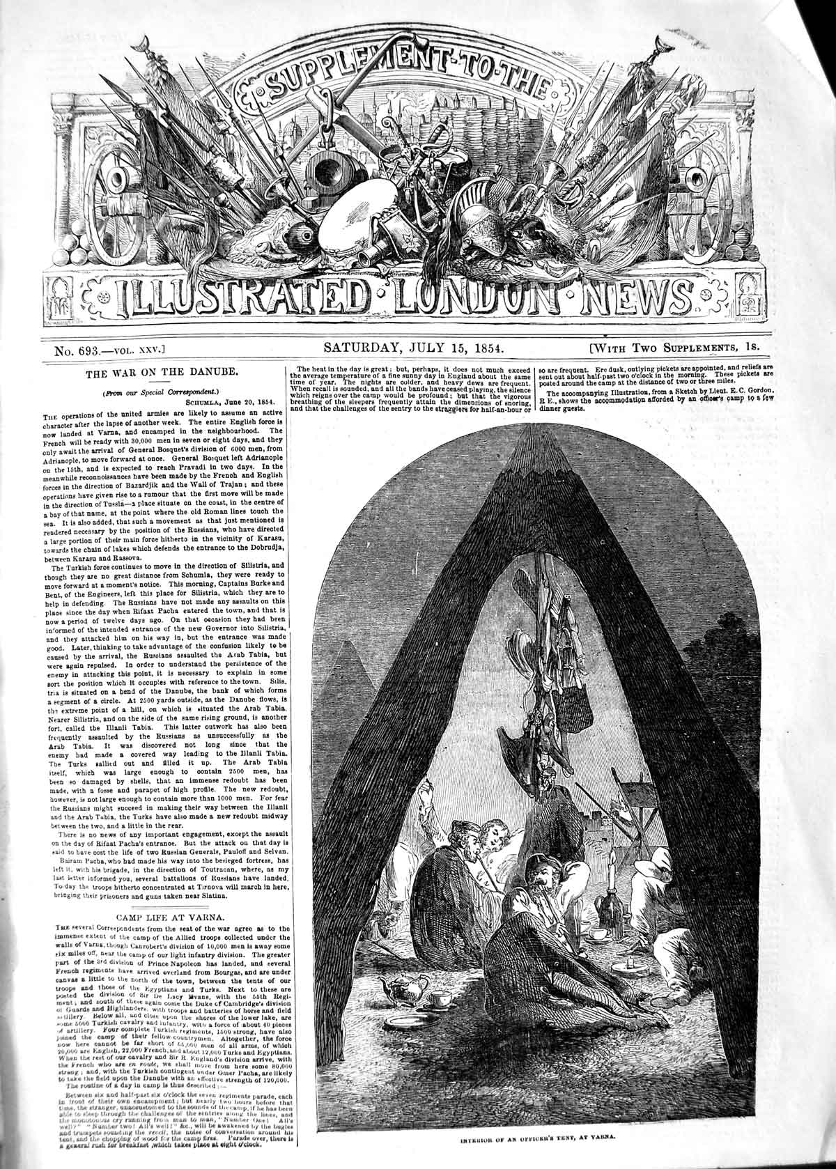 Original Old Antique Print 1854 Interior Officers Tent Varna War Danube 19th