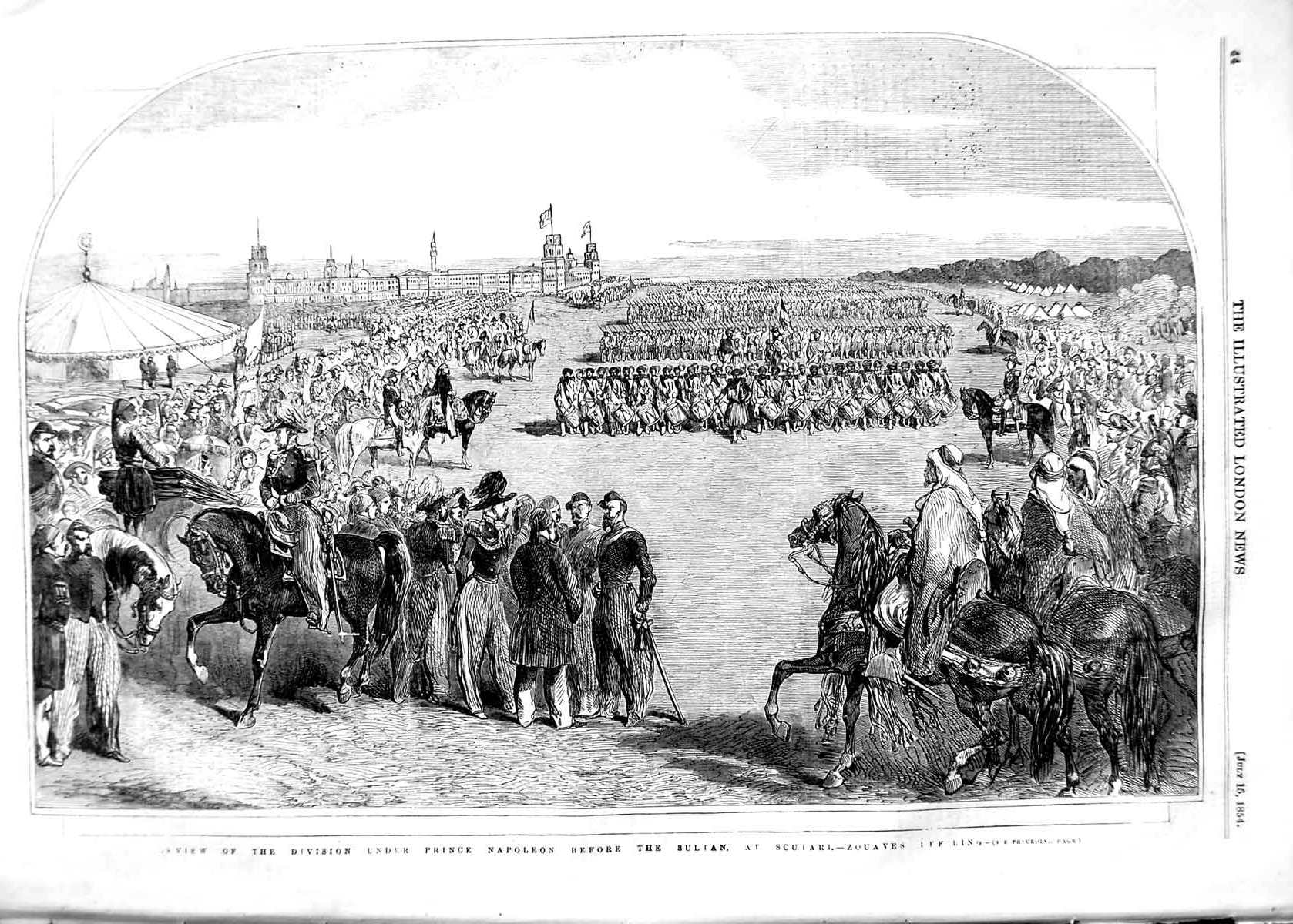 Original Old Antique Print 1854 Prince Napoleon Sultan Scutari Zouaves Horses