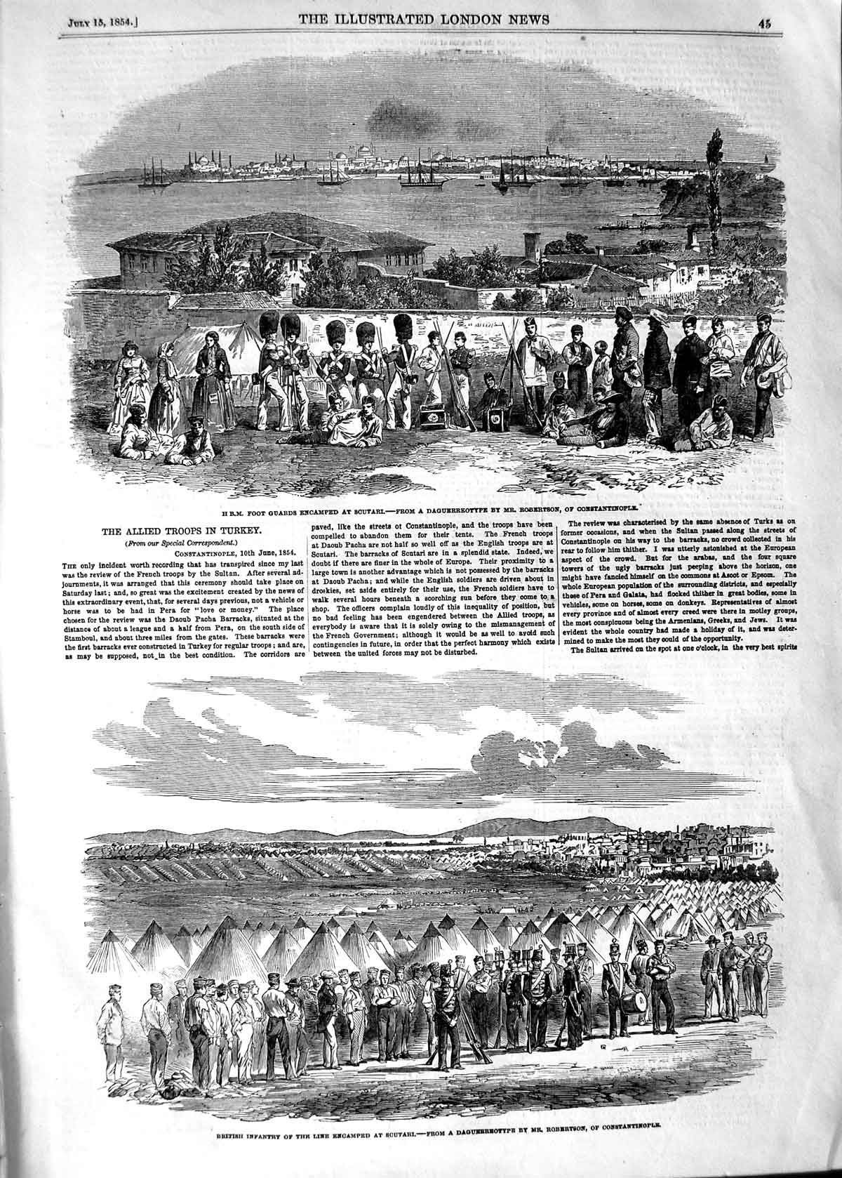 Original Old Antique Print 1854 Foot Guards Scutari British Sier Constantinople
