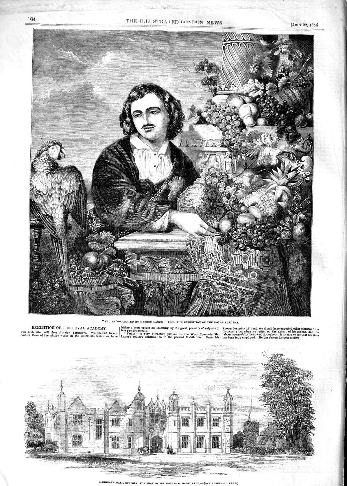 Original Old Antique Print 1854 Hengrave Hall Suffolk Thomas Gage Fruit Man