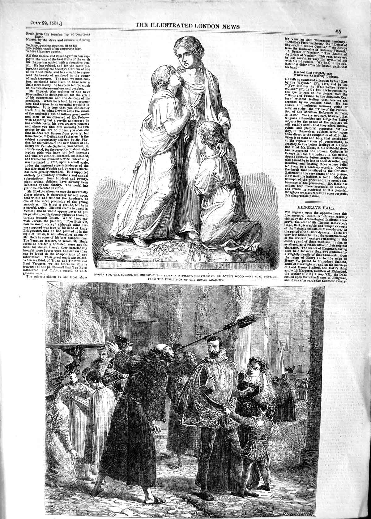 Old Antique Print 1854 Statue Females Orphans Christian Reformers Paris 19th