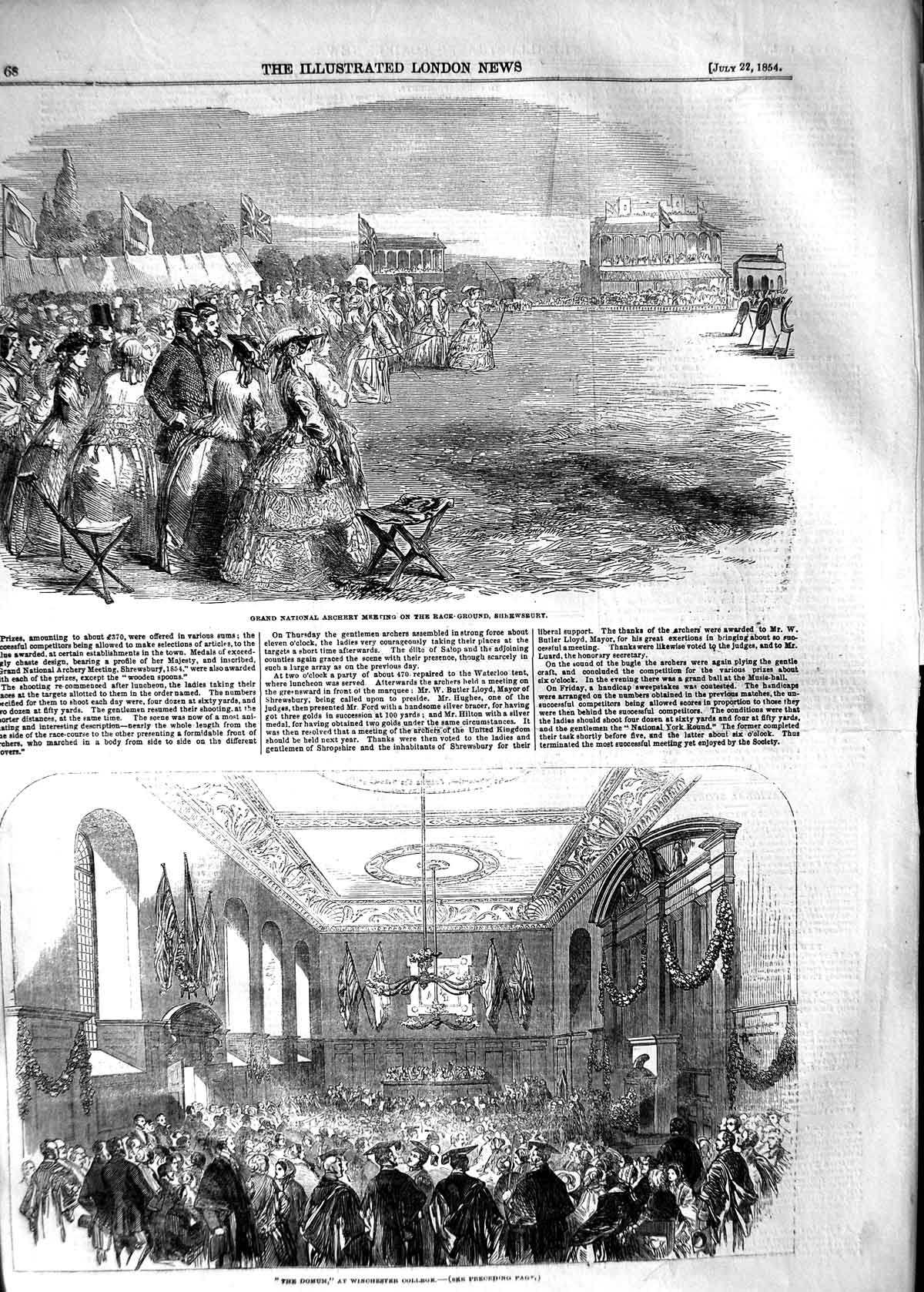 Old Antique Print 1854 Archery Sport Shrewsbur Domum Winchester College 19th