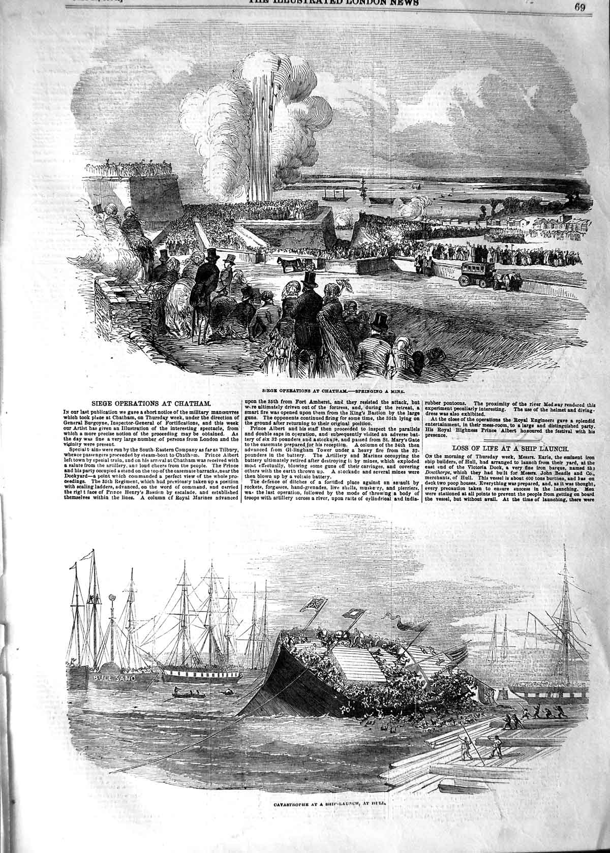 Old Antique Print 1854 Seige Operations Chatham Ship Launch Hull England 19th