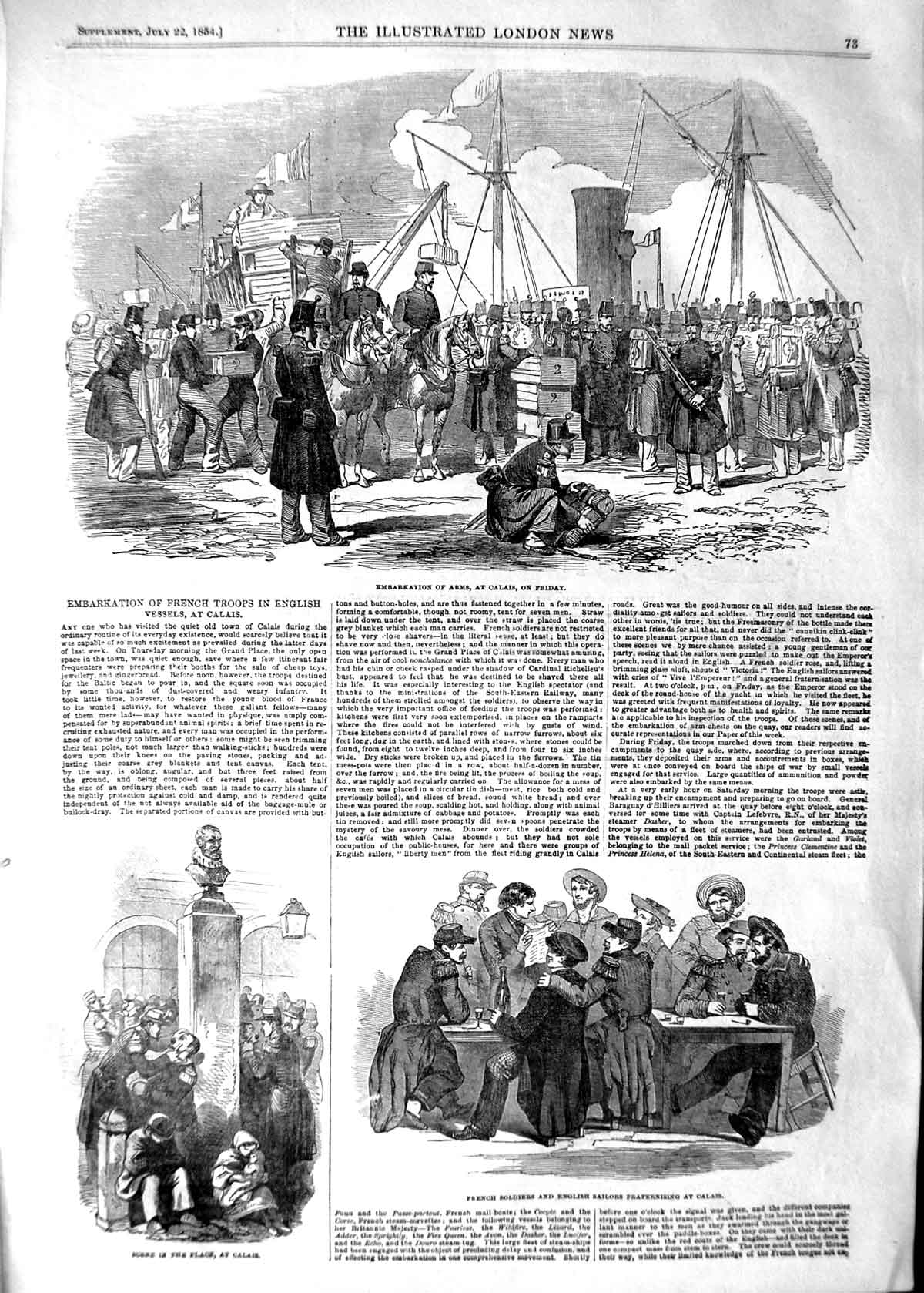 Original Old Antique Print 1854 Arms Calais Ship French Siers Sailors Hortense