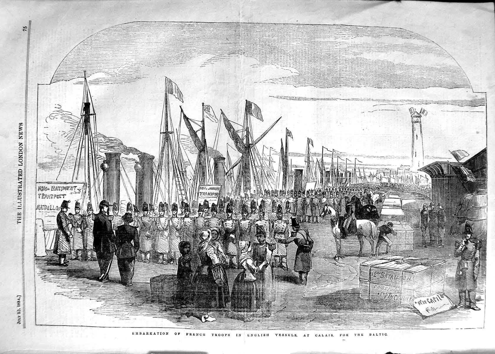 Old Antique Print 1854 Embarkation French Troops English Ships Baltic War 19th