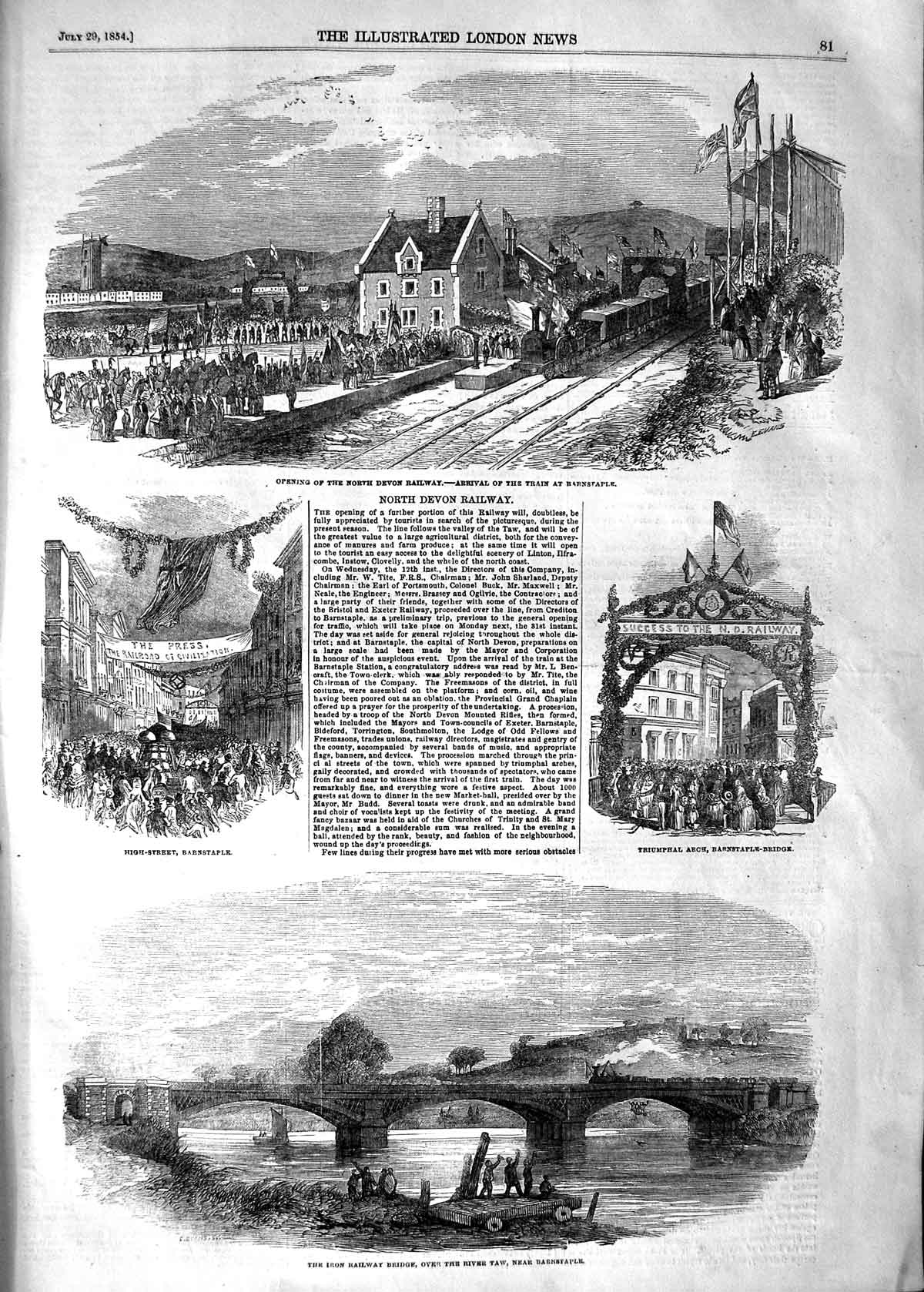 Original Old Antique Print 1854 North Devon Railway Barnstaple Iron Bri 19th