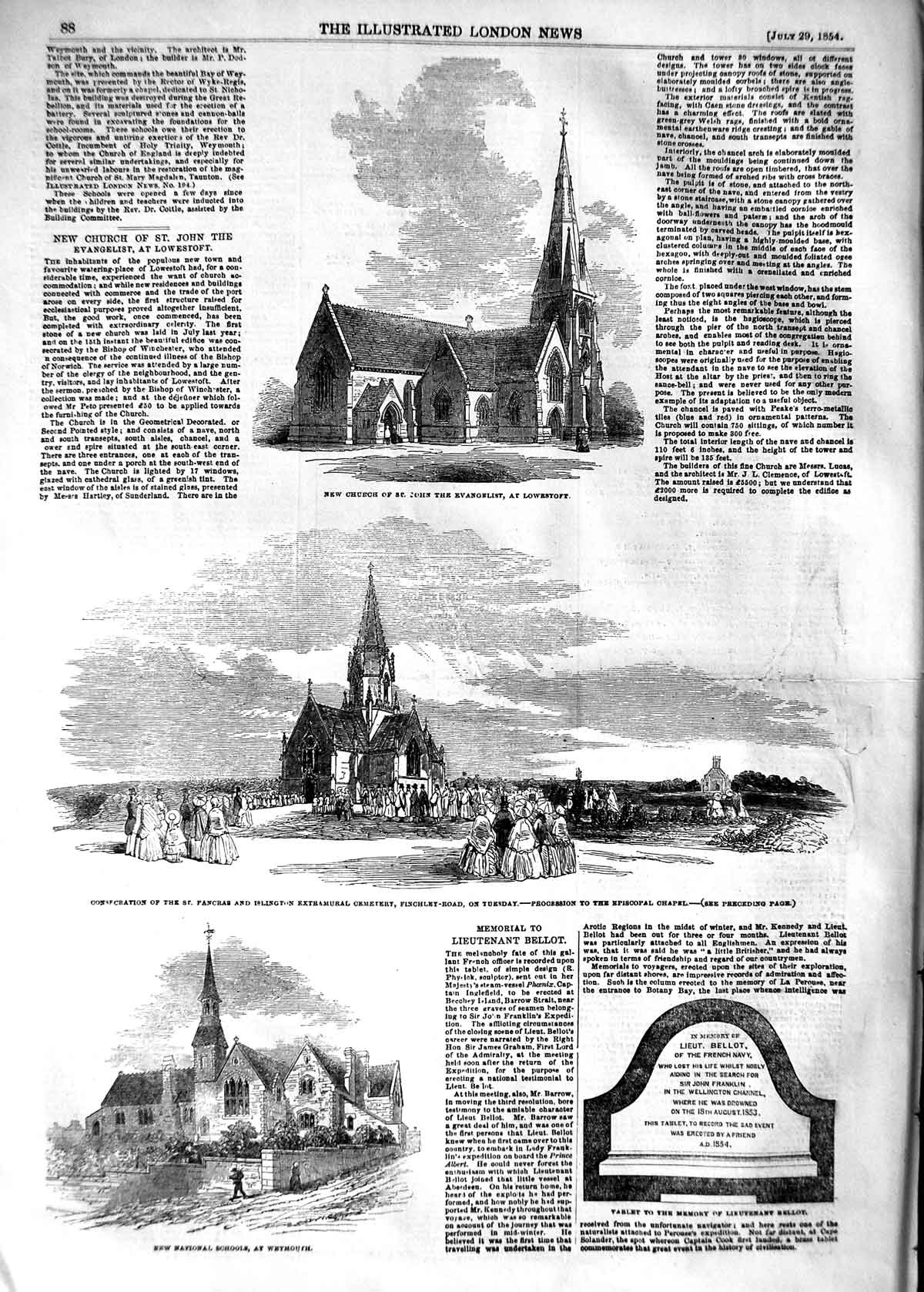 Original Old Antique Print 1854 Church Evangelist Lowestoft Episcopal Weymouth